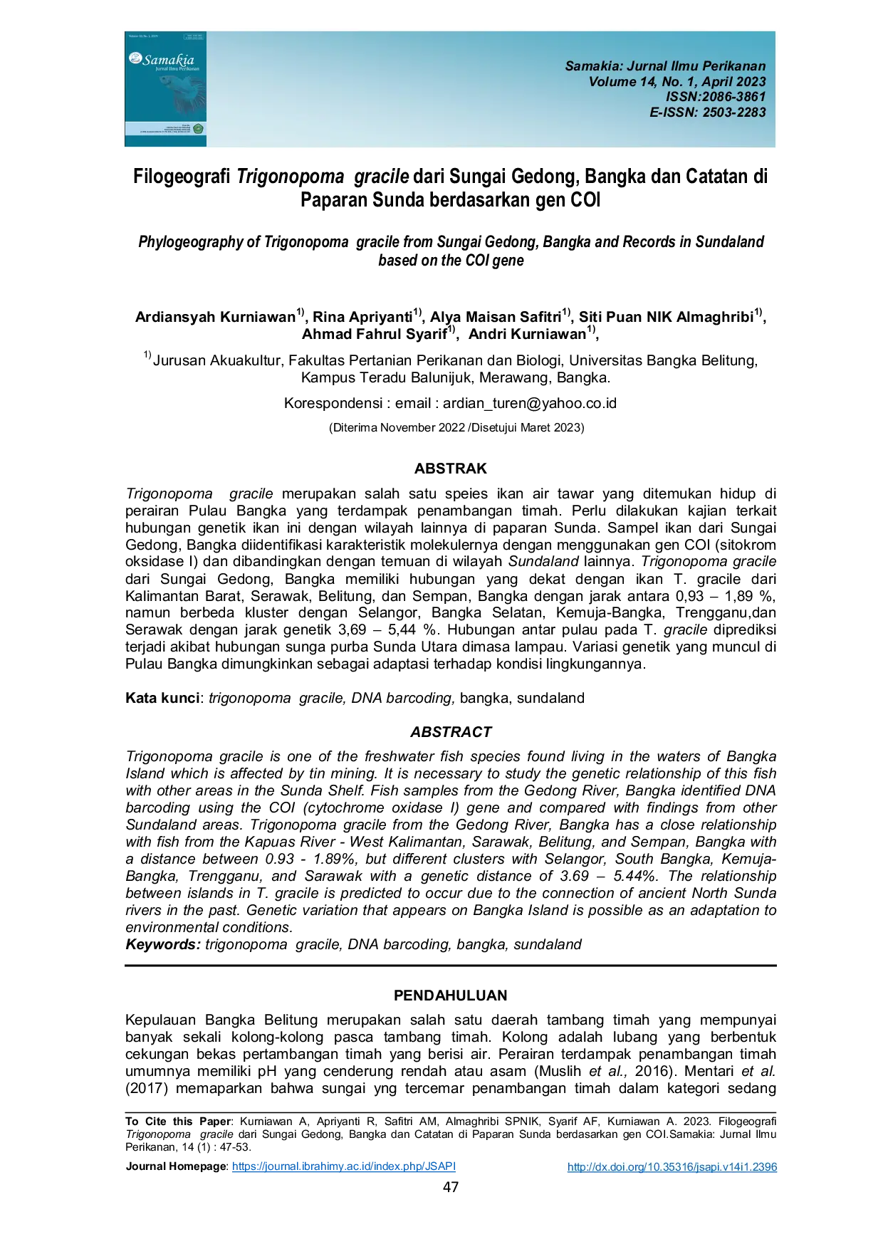 JURIS Filogeografi Trigonopoma gracile dari Sungai Gedong Bangka dan Catatan di Paparan Sunda berdasarkan gen COI