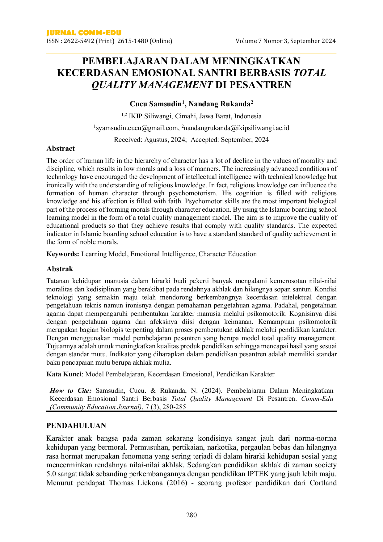 JURIS Pembelajaran Dalam Meningkatkan Kecerdasan Emosional Santri Berbasis Total Quality Management Di Pesantren