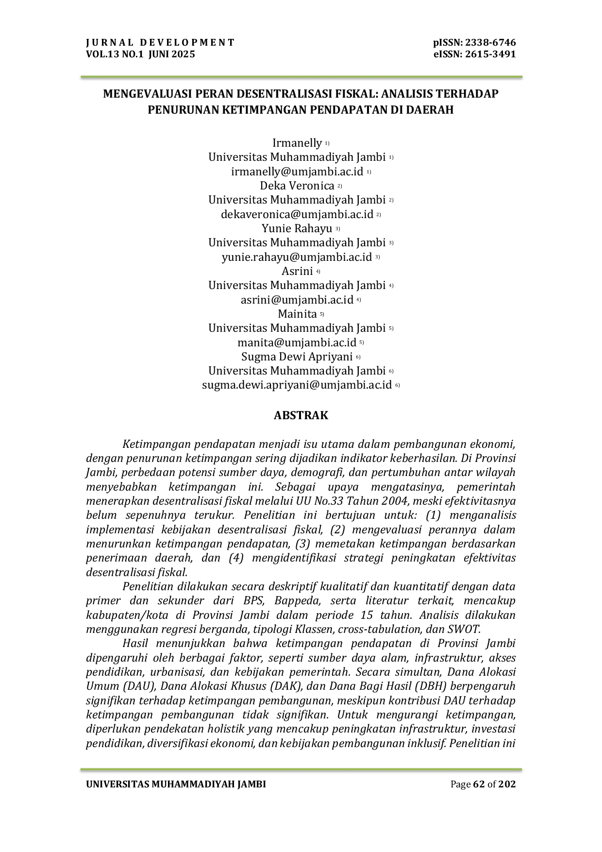 JURIS Mengevaluasi Peran Desentralisasi Fiskal Analisis Terhadap Penurunan Ketimpangan Pendapatan di Daerah