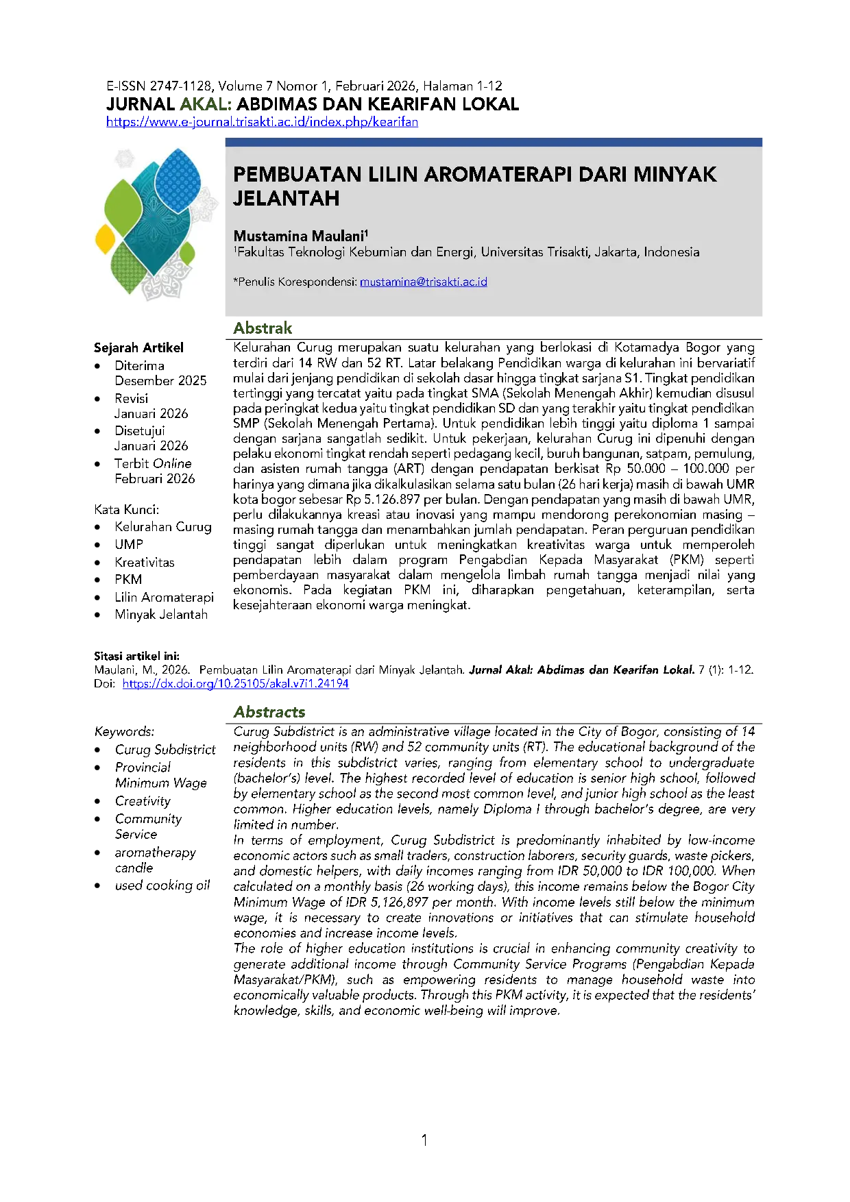 JURIS Pemberdayaan Masyarakat Melalui Pengolahan Limbah Gorengan Untuk Pembuatan Biodiesel Di Kelurahan Curug Kotamadya Bogor