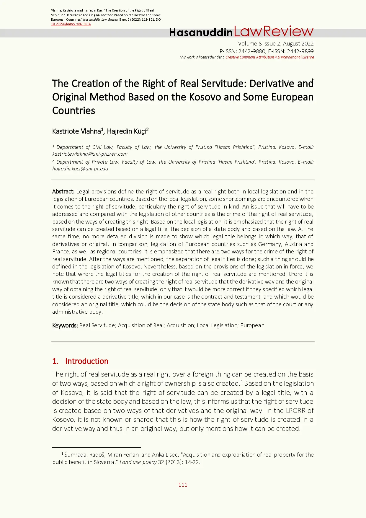 juris The Creation of the Right of Real Servitude Derivative and Original Method Based on the Kosovo and Some European Countries