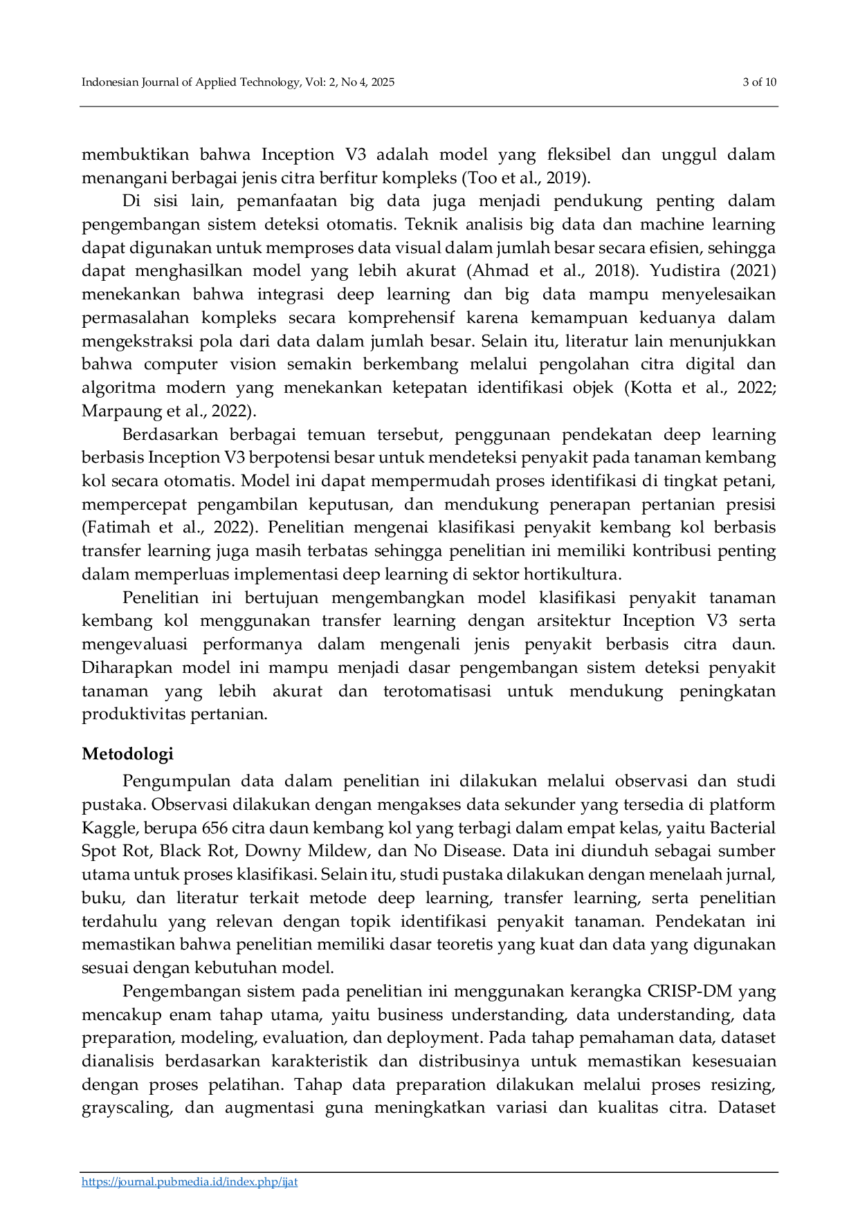 JURIS Penerapan Metode Transfer Learning untuk Klasifikasi Penyakit Tanaman Kembang Kol dengan Arsitektur Inception V3