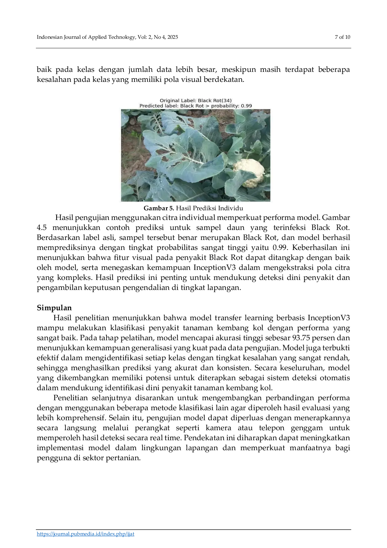 JURIS Penerapan Metode Transfer Learning untuk Klasifikasi Penyakit Tanaman Kembang Kol dengan Arsitektur Inception V3