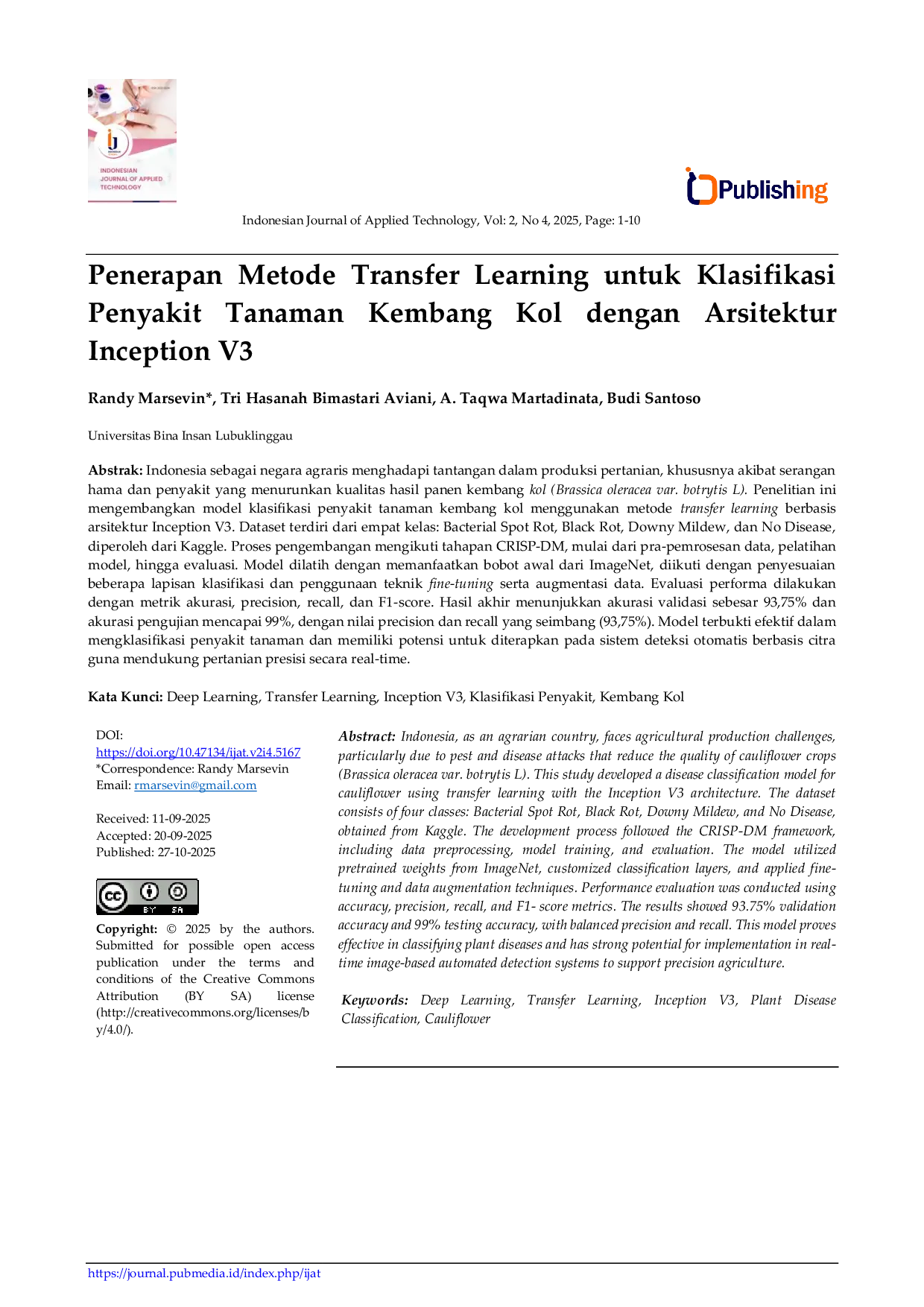 JURIS Penerapan Metode Transfer Learning untuk Klasifikasi Penyakit Tanaman Kembang Kol dengan Arsitektur Inception V3
