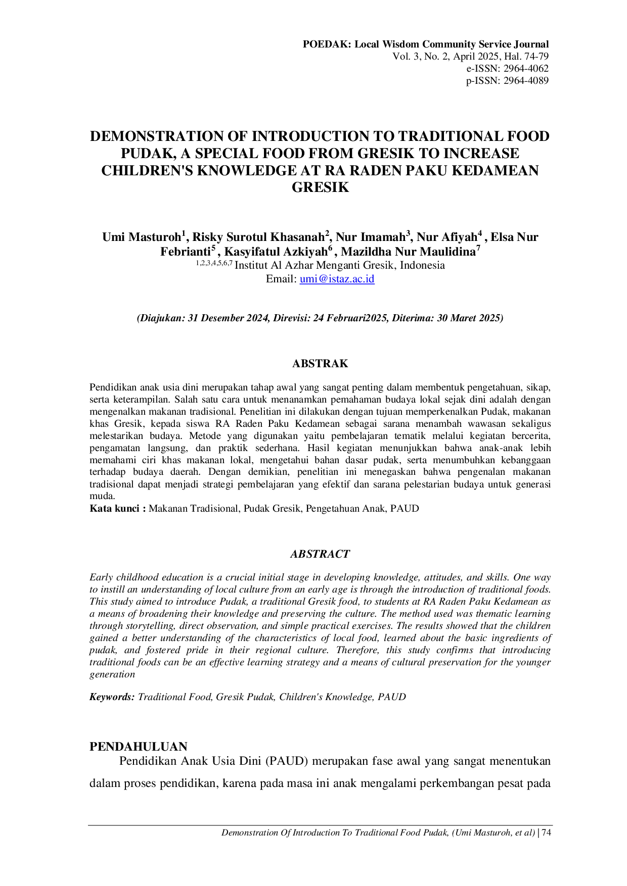 JURIS Demonstration Of Introduction To Traditional Food Pudak A Special Food From Gresik To Increase Children s Knowledge At RA Raden Paku Kedamean Gresik
