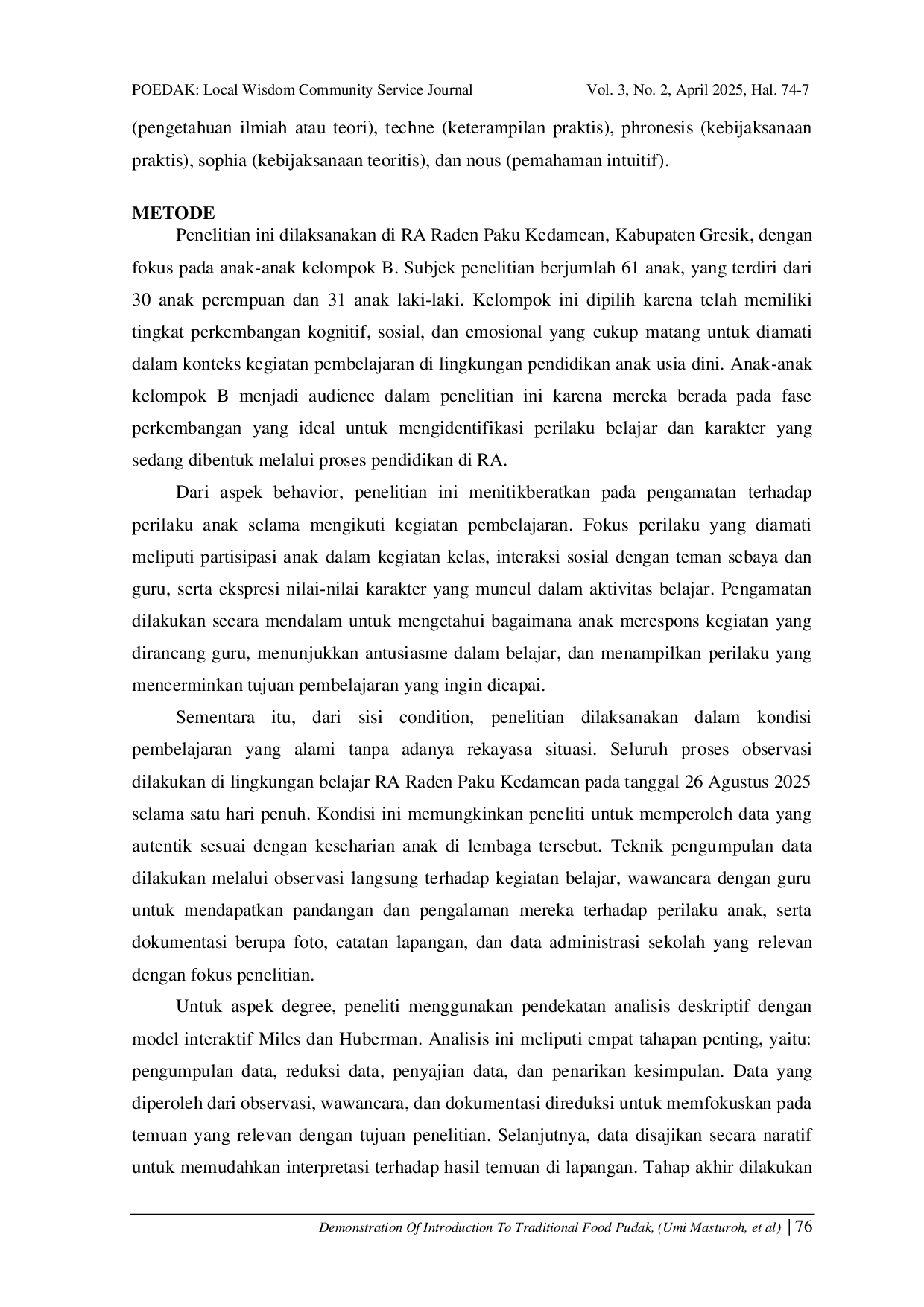 JURIS Demonstration Of Introduction To Traditional Food Pudak A Special Food From Gresik To Increase Children s Knowledge At RA Raden Paku Kedamean Gresik