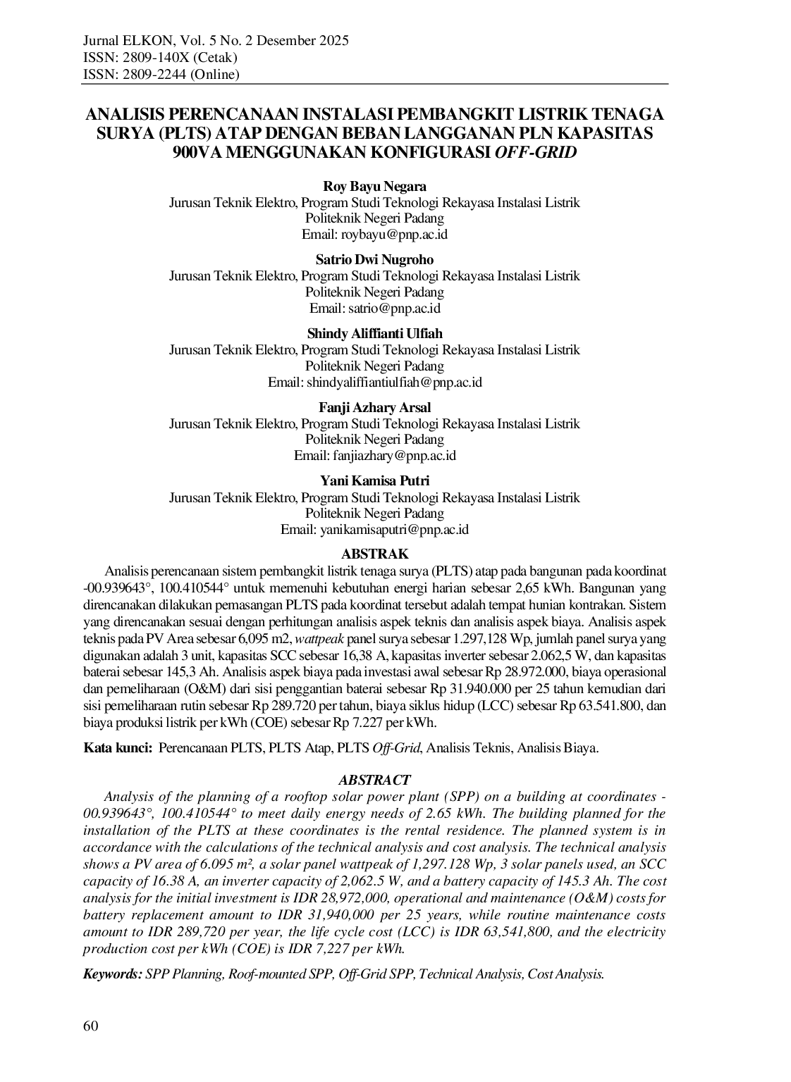JURIS Analisis Perencanaan Instalasi Pembangkit Listrik Tenaga Surya Plts Atap Dengan Beban Langganan Pln Kapasitas 900Va Menggunakan Konfigurasi Off Grid