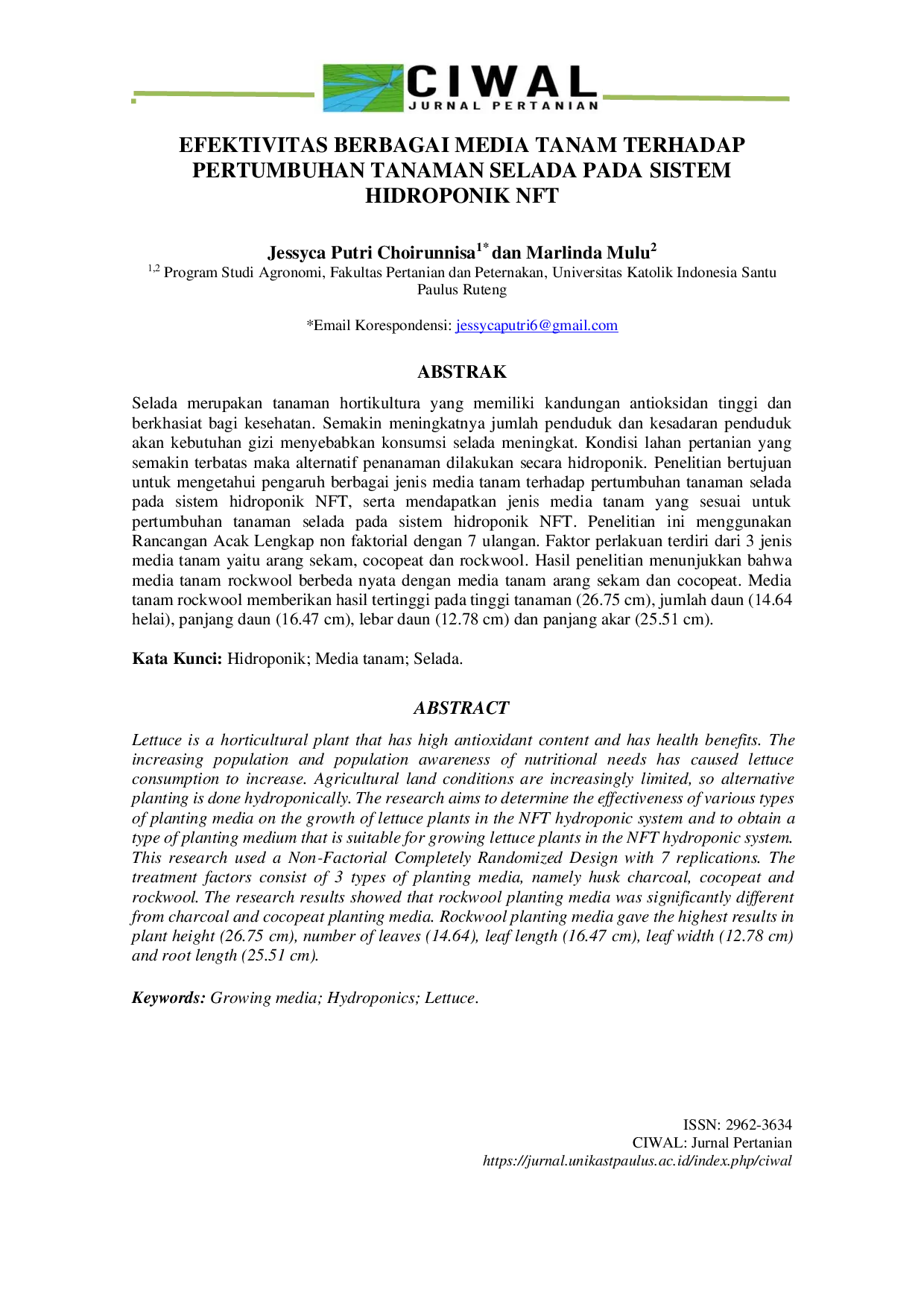 JURIS Efektivitas Berbagai Media Tanam terhadap Pertumbuhan Tanaman Selada pada Sistem Hidroponik NFT