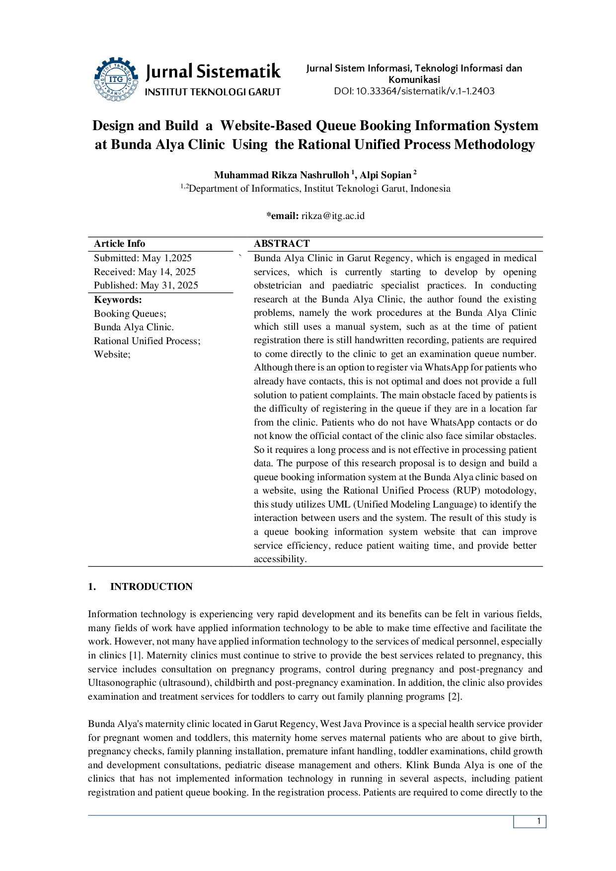 juris Design and Build a Website Based Queue Booking Information System at Bunda Alya Clinic Using the Rational Unified Process Methodology