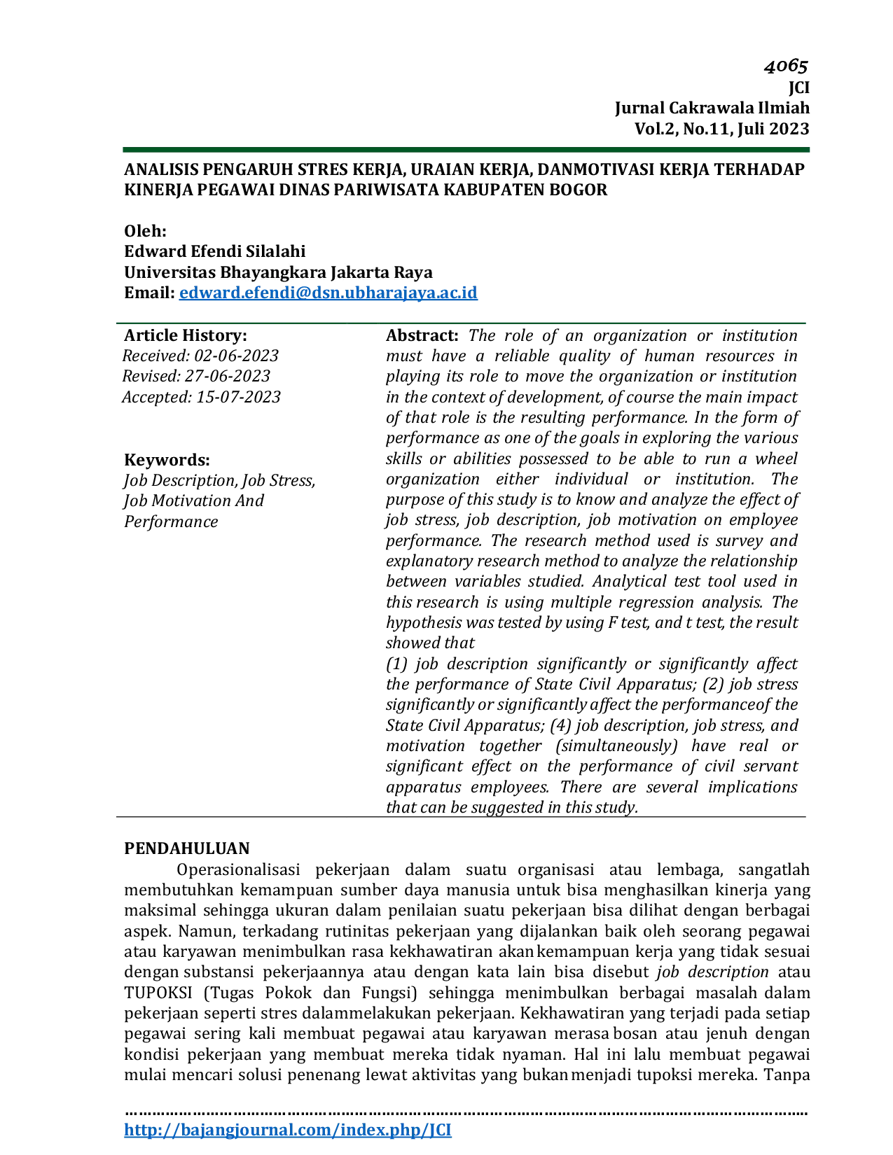 JURIS Analisis Pengaruh Stres Kerja Uraian Kerja dan Motivasi Kerja terhadap Kinerja Pegawai Dinas Pariwisata Kabupaten Bogor