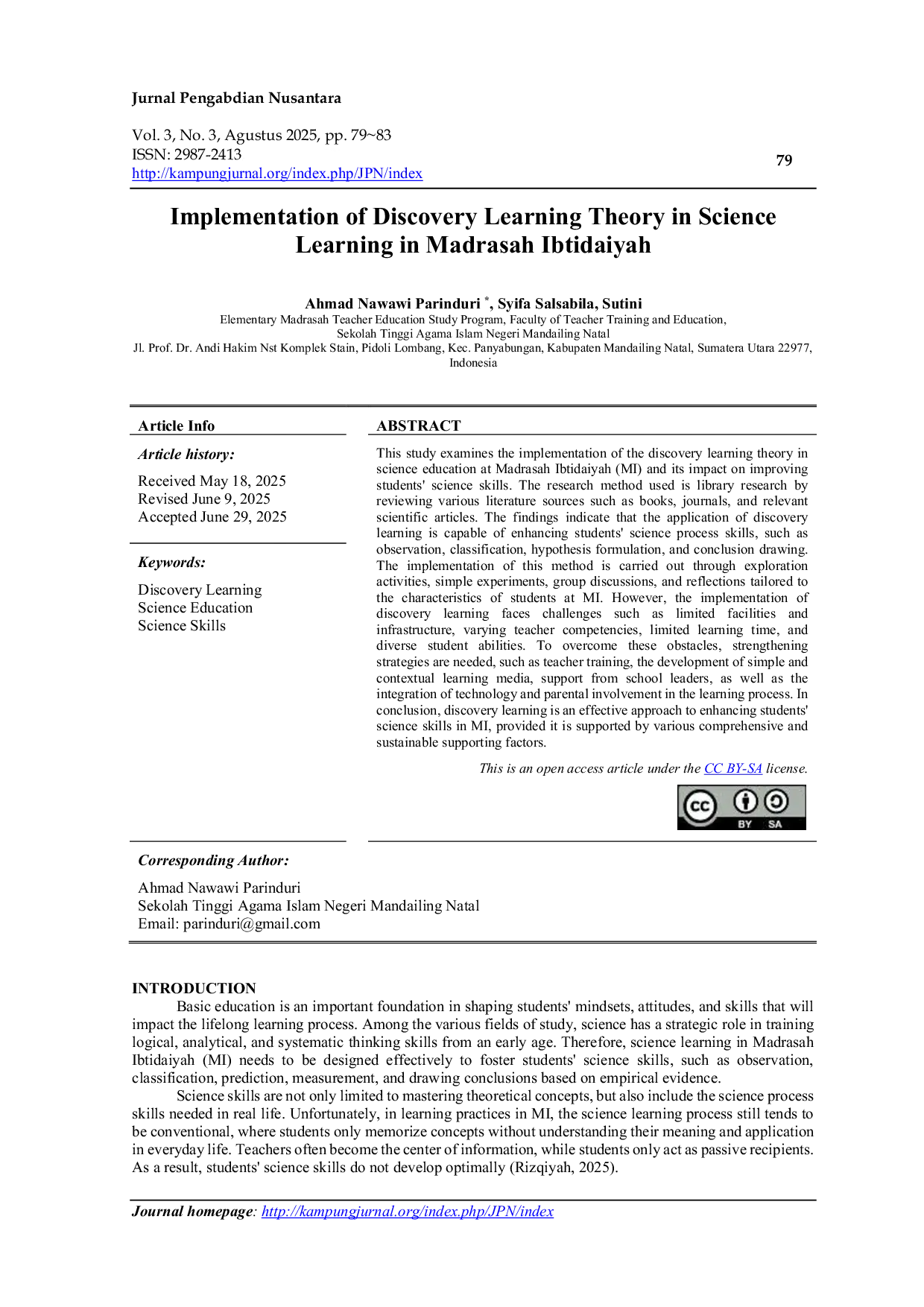 JURIS Implementation of Discovery Learning Theory in Science Learning in Madrasah Ibtidaiyah