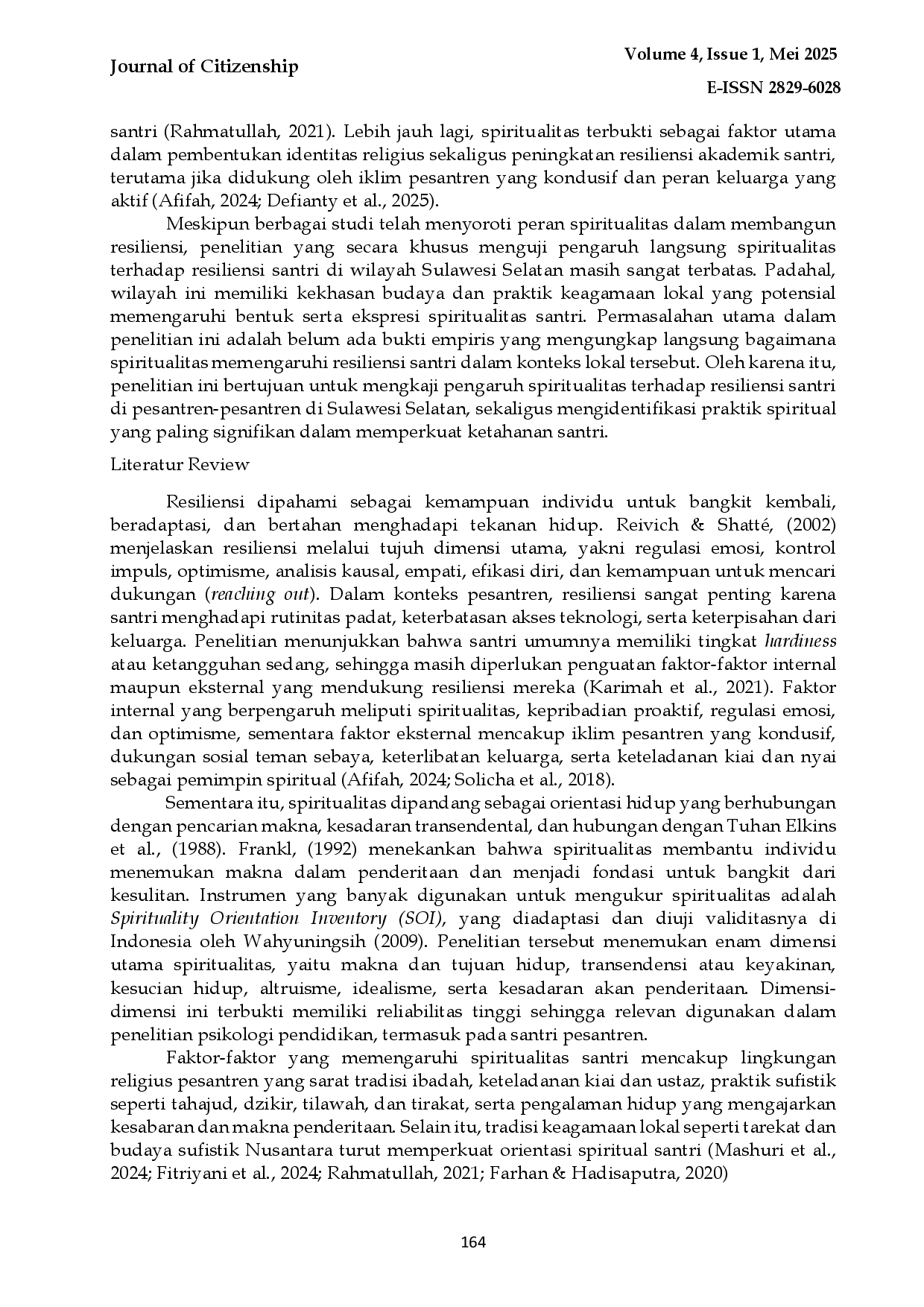 juris Spiritualitas sebagai Prediktor Resiliensi Santri Pesantren
