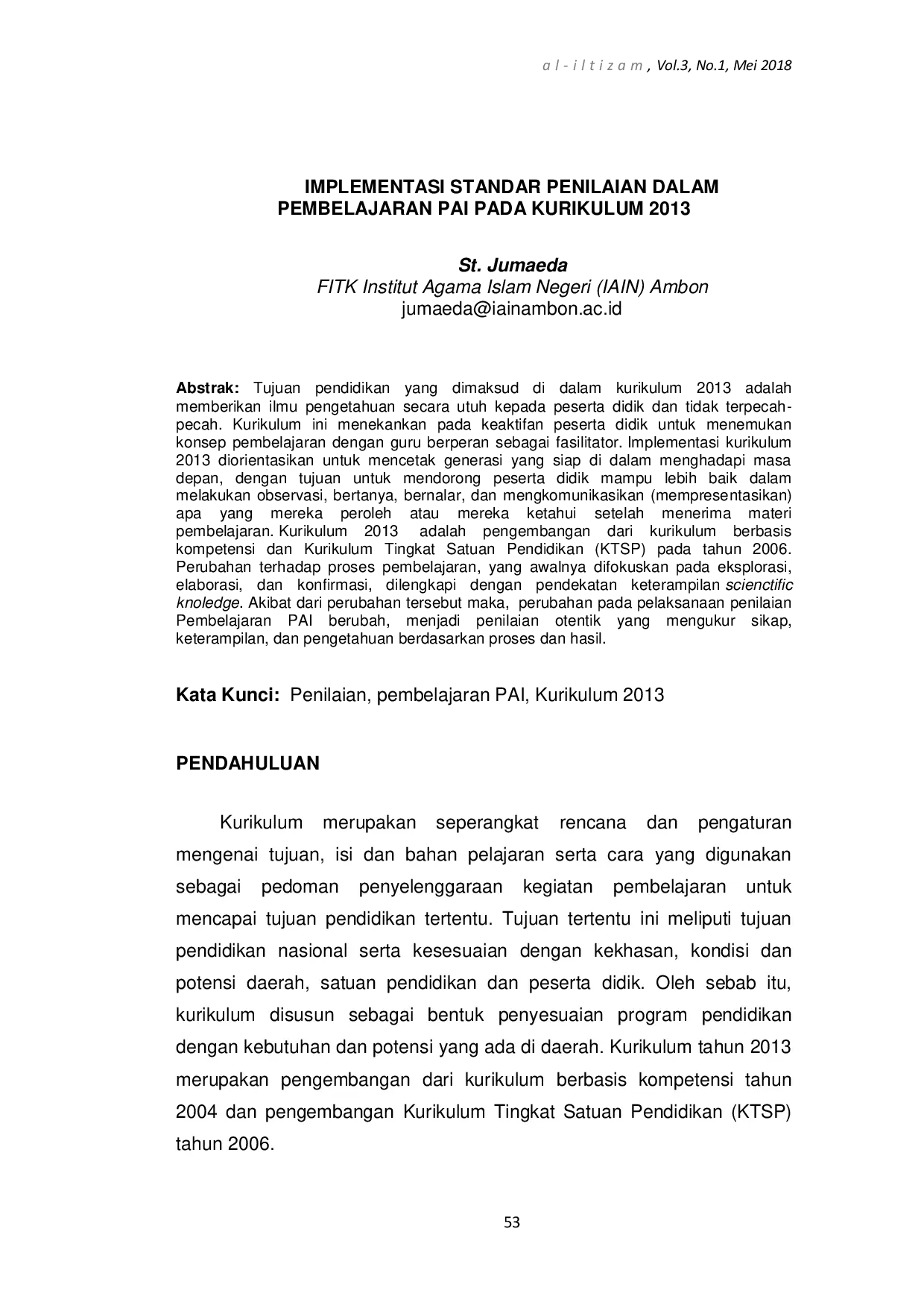 juris Implementasi Standar Penilaian Dalam Pembelajaran Pai Pada Kurikulum 2013