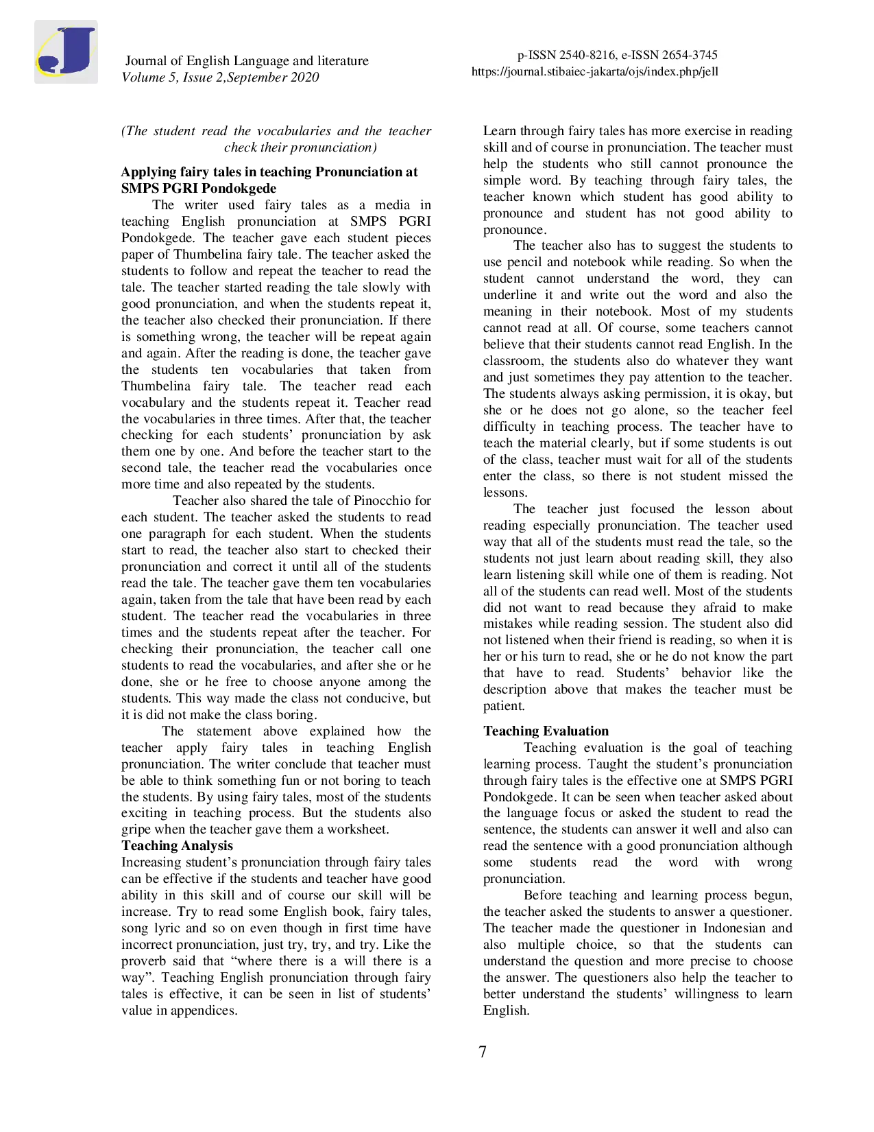 JURIS Arfani IMPROVING ENGLISH PRONUNCIATION SKILL THROUGH THUMBELINA AND PINOCCHIO FAIRY TALES