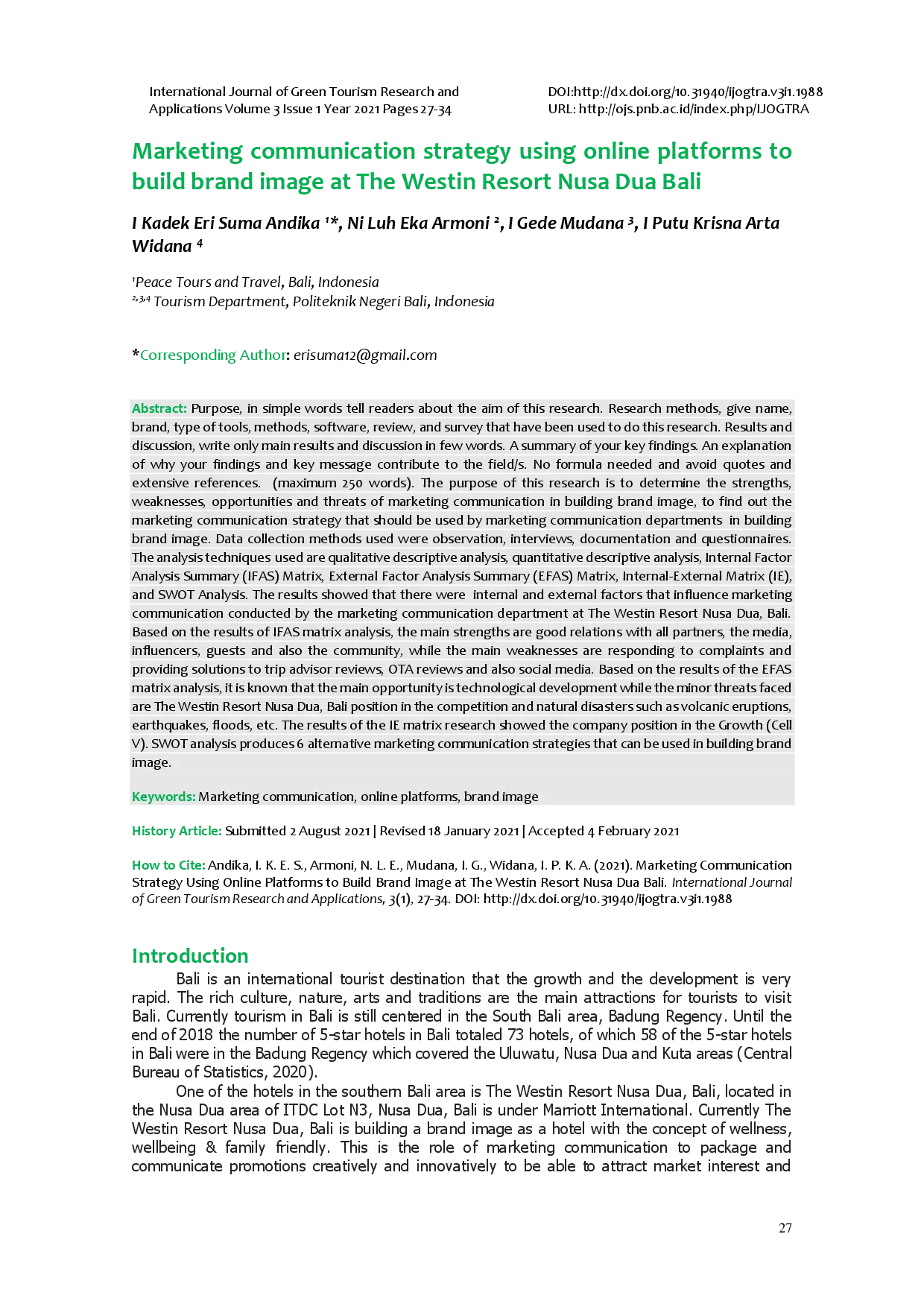 juris Strategi Komunikasi Pemasaran Menggunakan Platform Online Untuk Membangun Citra Merek Di The Westin Resort Nusa Dua Bali