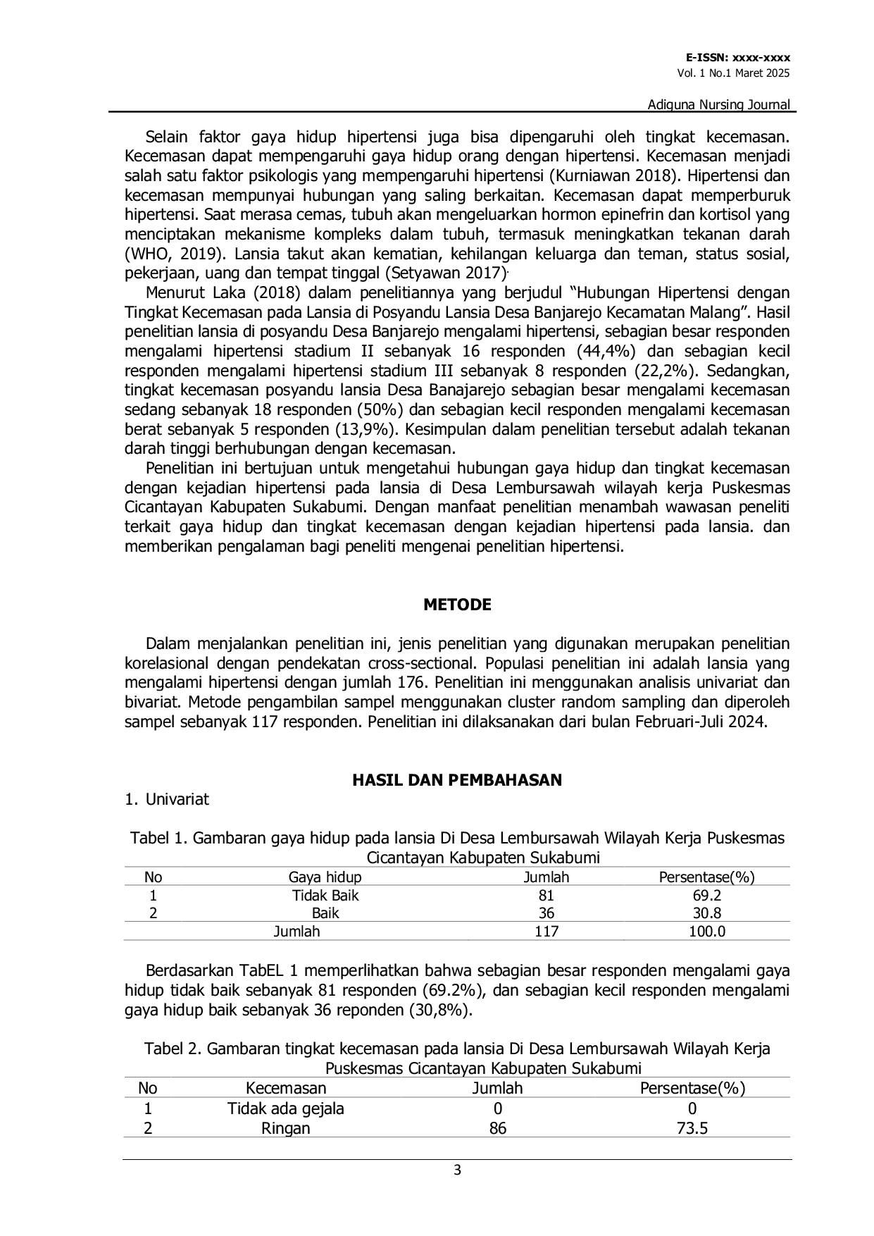 JURIS Hubungan Gaya Hidup Dan Tingkat Kecemasan Dengan Kejadian Hipertensi Pada Lansia di Desa Lembursawah Wilayah Kerja Puskesmas Cicantayan Kabupaten Sukabumi
