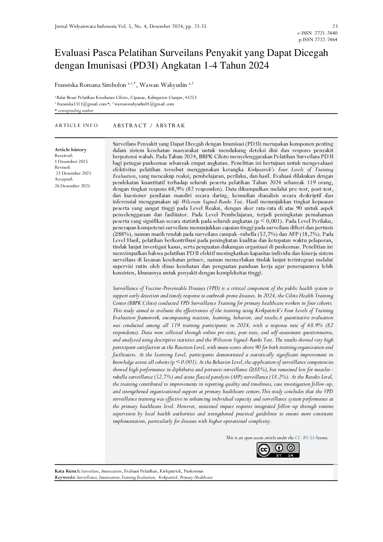 JURIS Evaluasi Pasca Pelatihan Surveilans Penyakit yang Dapat Dicegah dengan Imunisasi PD3I Angkatan 1 4 Tahun 2024