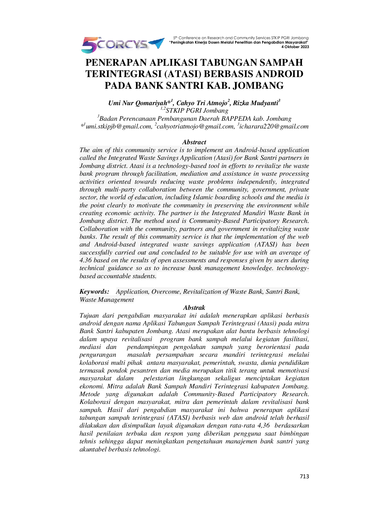 JURIS Penerapan Aplikasi Tabungan Sampah Terintegrasi ATASI Berbasis Android pada Bank Santri Kab Jombang