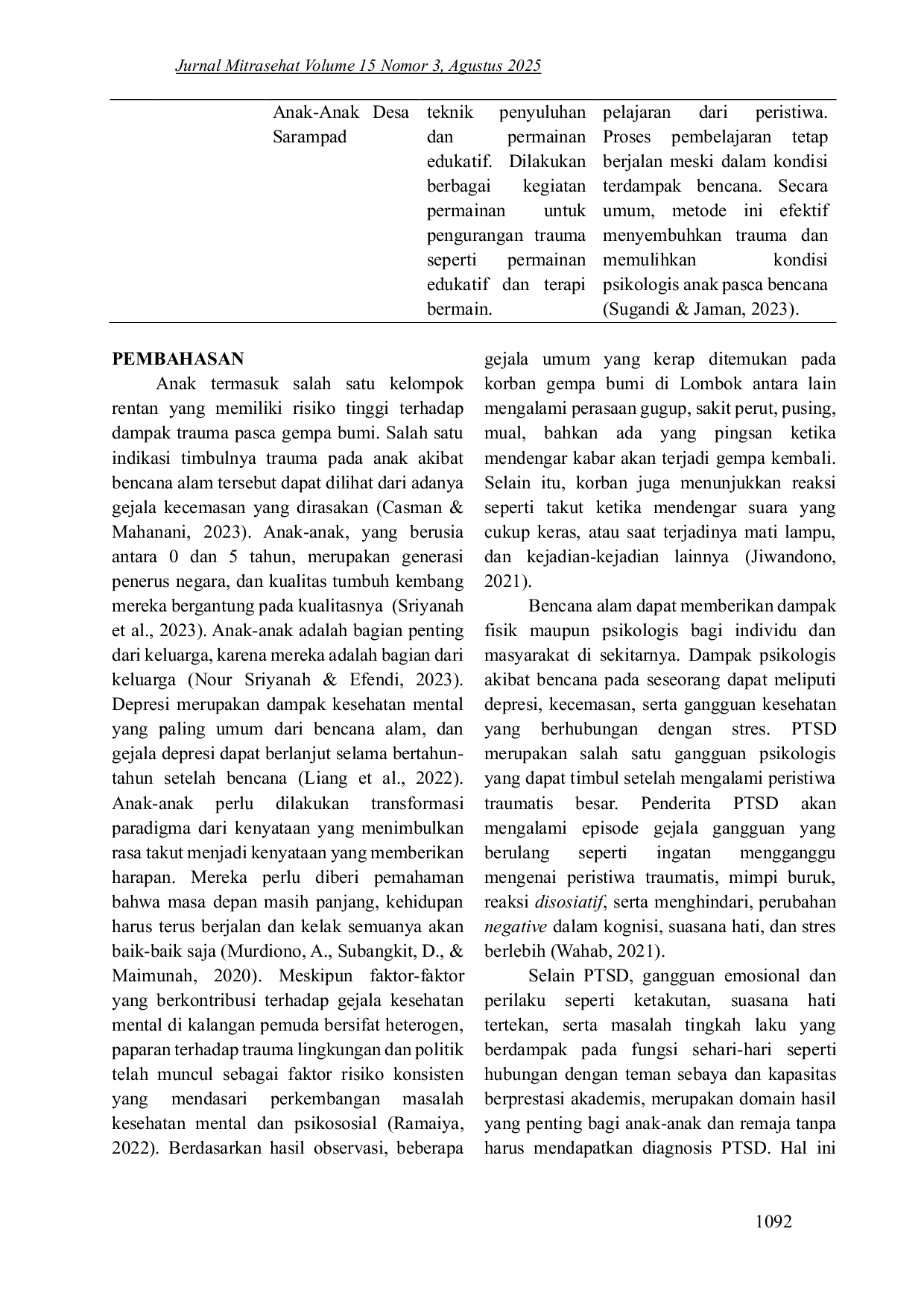 JURIS Upaya Trauma Healing pada Anak Pasca Gempa Bumi A Literature Review