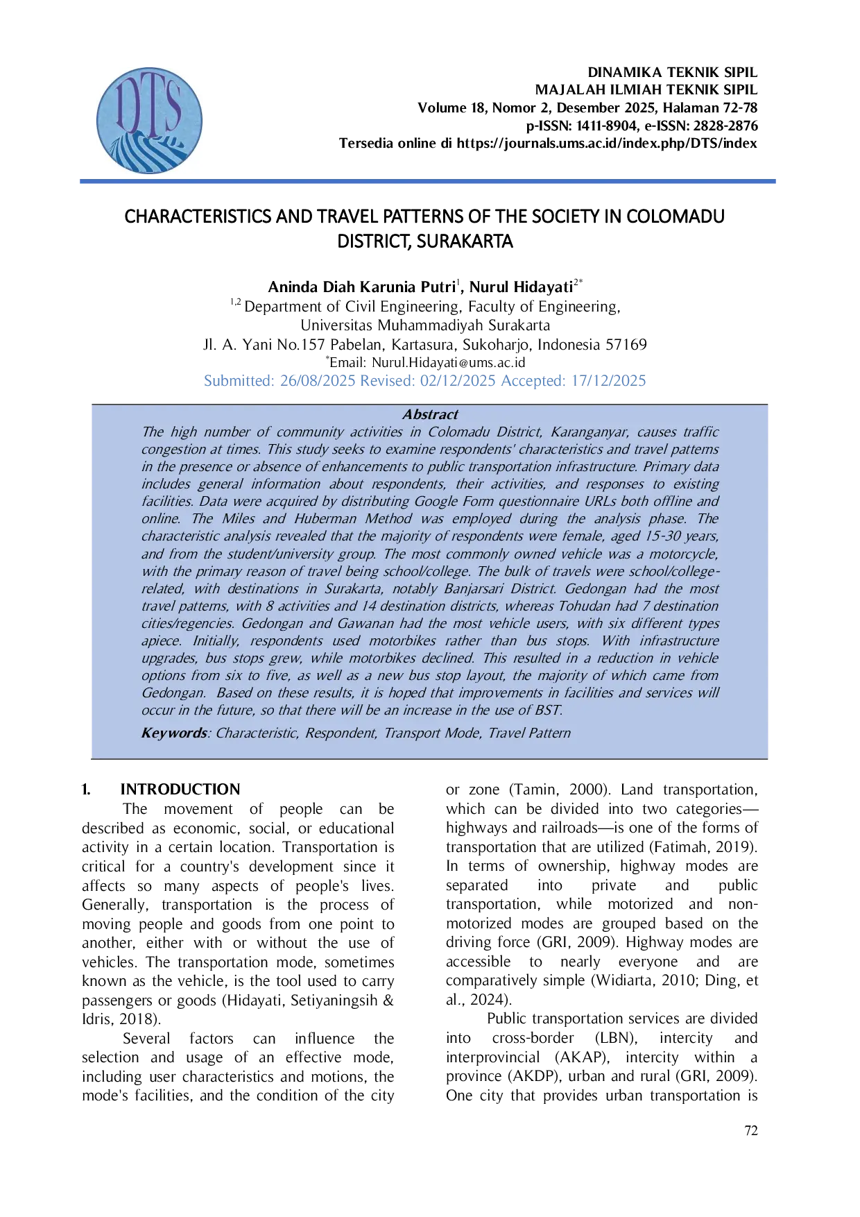 JURIS Characteristics and Travel Patterns of The Society in Colomadu District Surakarta