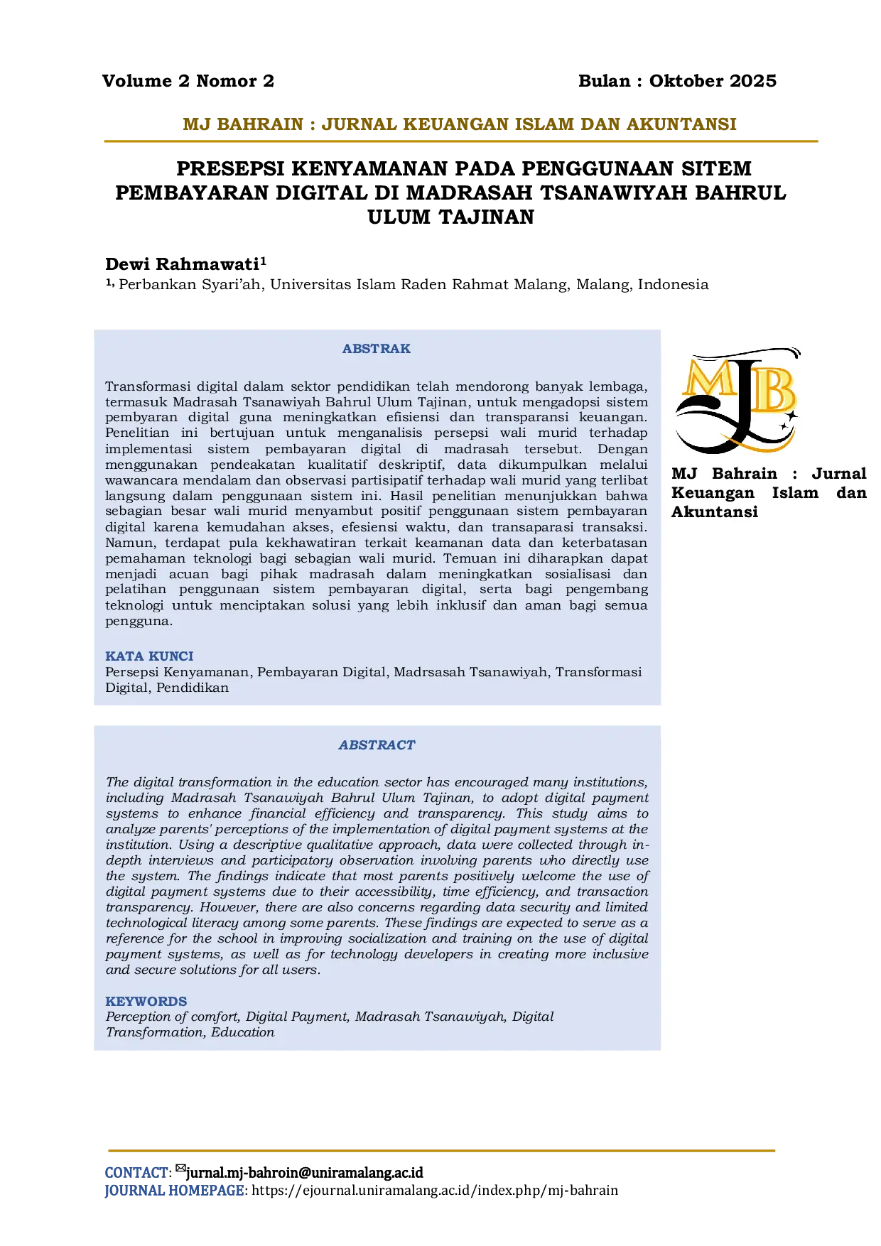 JURIS Persepsi Kenyamanan Pada Penggunaan Sistem Pembayaran Digital Di Madrasah Tsanawiyah Bahrul Ulum Tajinan