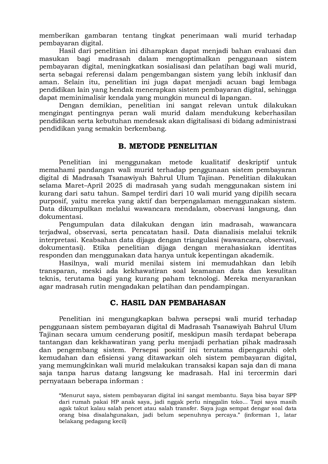 JURIS Persepsi Kenyamanan Pada Penggunaan Sistem Pembayaran Digital Di Madrasah Tsanawiyah Bahrul Ulum Tajinan