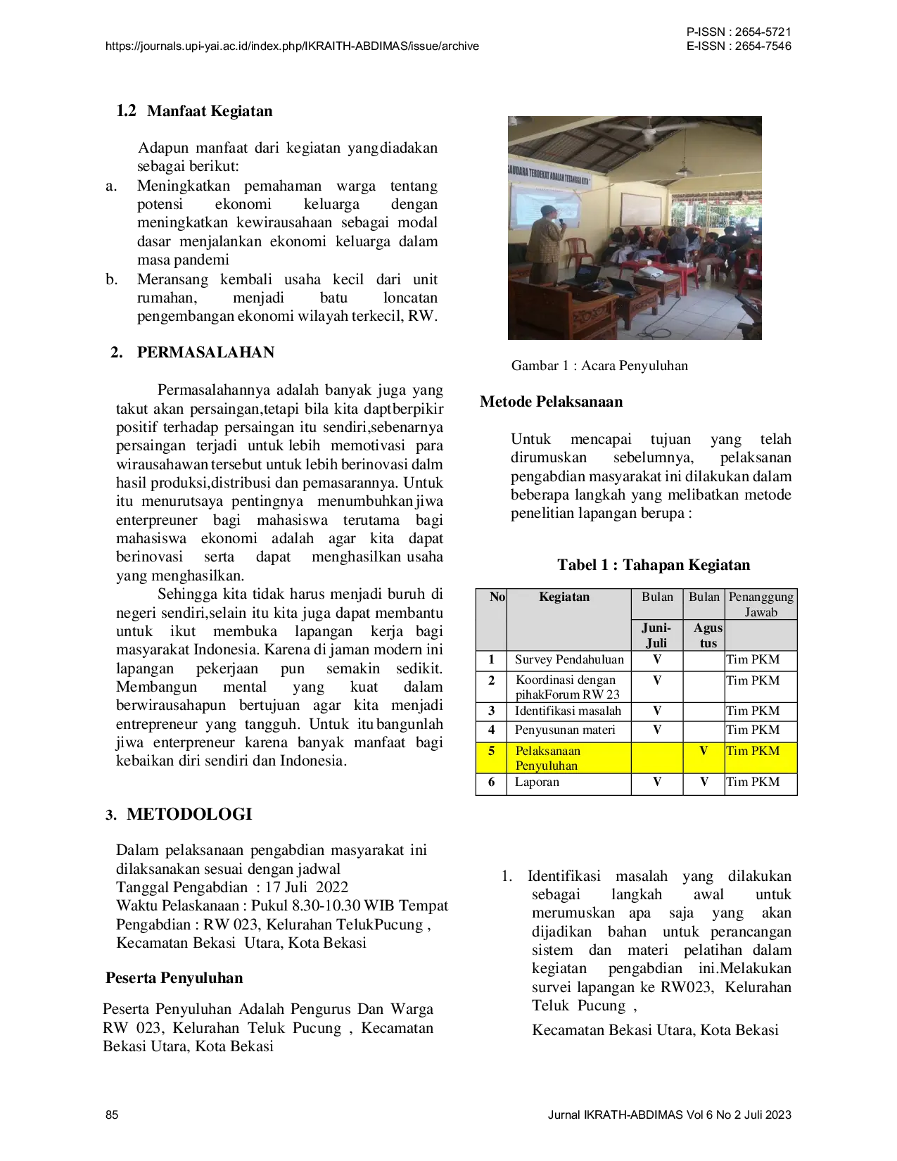 JURIS Penyuluhan Merangsang Jiwa Kewirausahaan Kelompok Produktif Untuk Melahirkan Usahawan Muda Mandiri Di Kalangan Pemuda Dan Pemudi RW 023 Kelurahan Teluk Pucung Kecamatan Bekasi Utara Kota Bekasi