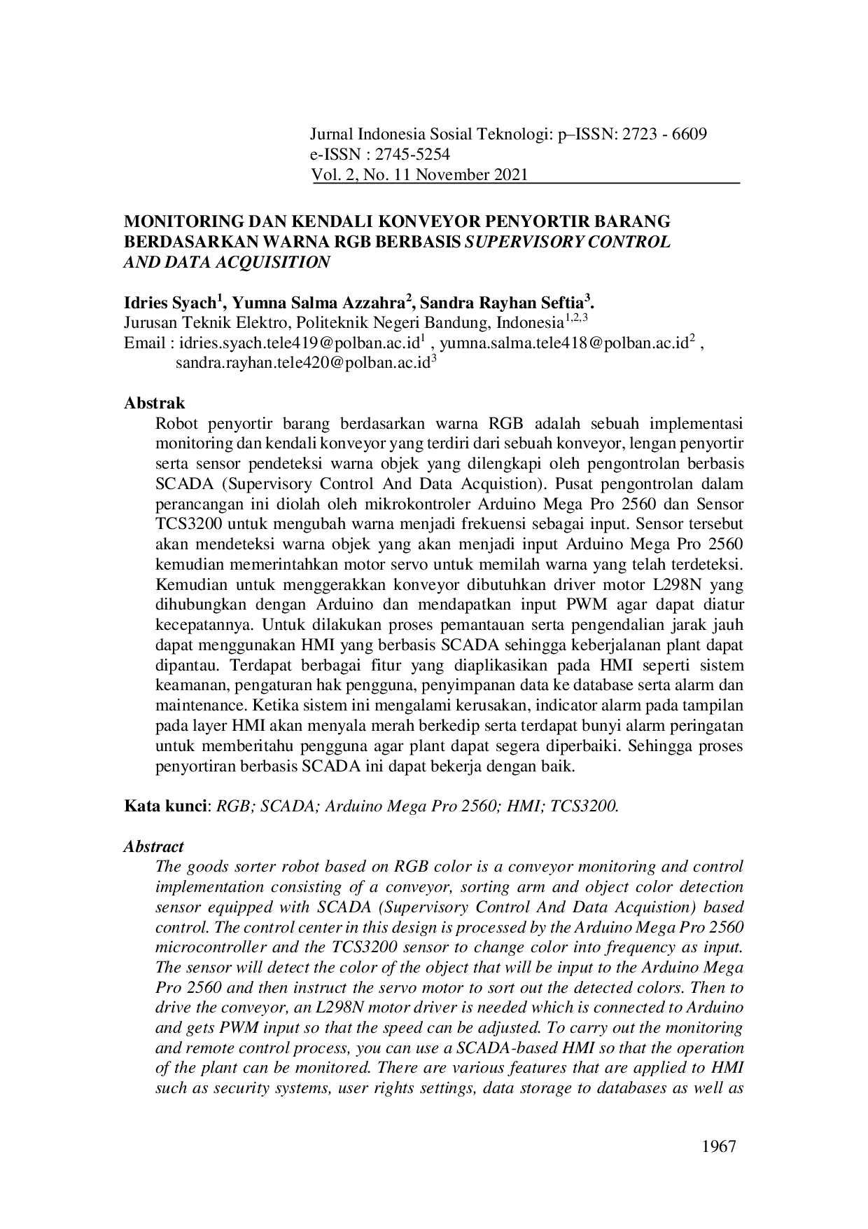 JURIS Monitoring dan Kendali Konveyor Penyortir Barang Berdasarkan Warna Rgb Berbasis Supervisory Control and Data Acquisition