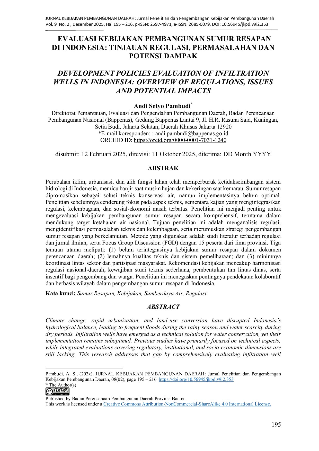 JURIS Evaluasi Kebijakan Pembangunan Sumur Resapan di Indonesia Tinjauan Regulasi Permasalahan dan Potensi Dampak