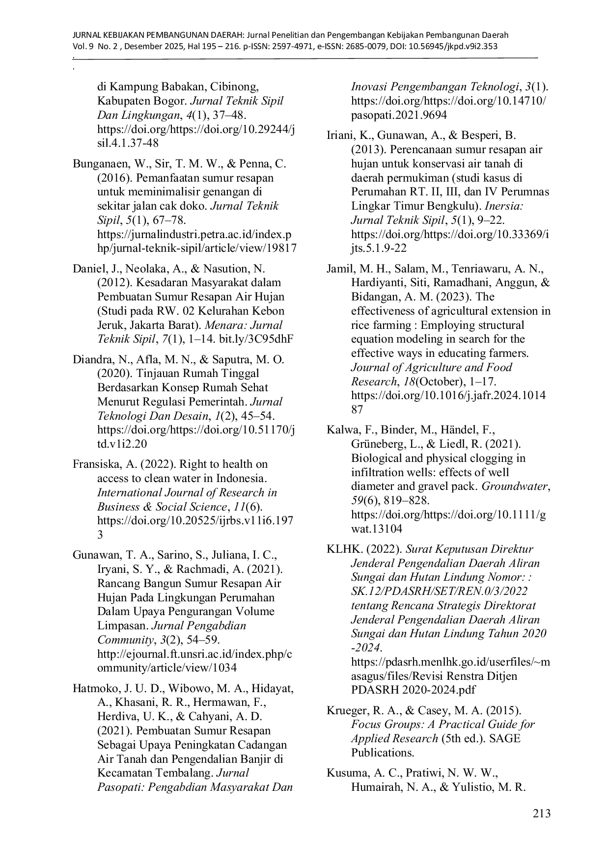 JURIS Evaluasi Kebijakan Pembangunan Sumur Resapan di Indonesia Tinjauan Regulasi Permasalahan dan Potensi Dampak