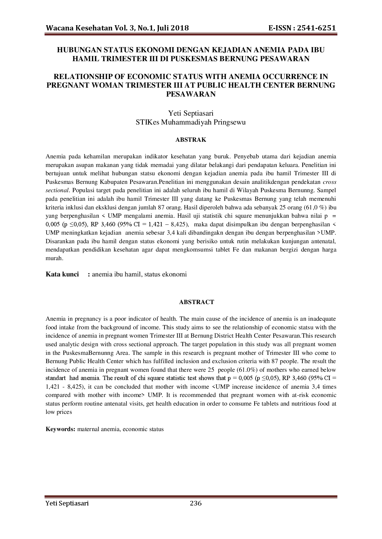 juris Hubungan Status Ekonomi dengan Kejadian Anemia pada Ibu Hamil Trimester III di Puskesmas Bernung Pesawaran