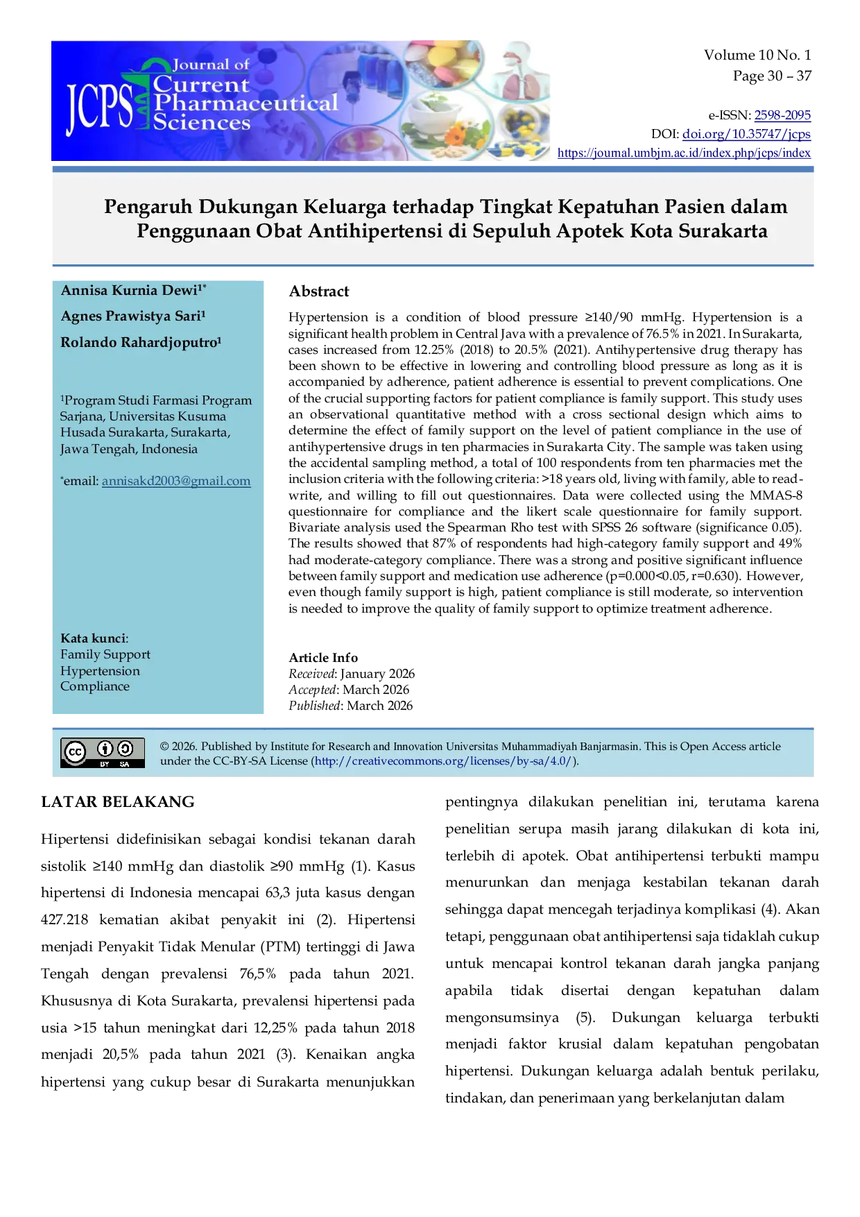 JURIS The Effect of Family Support on Patient Compliance in the Use of Antihypertensive Drugs in Ten Pharmacies in Surakarta City