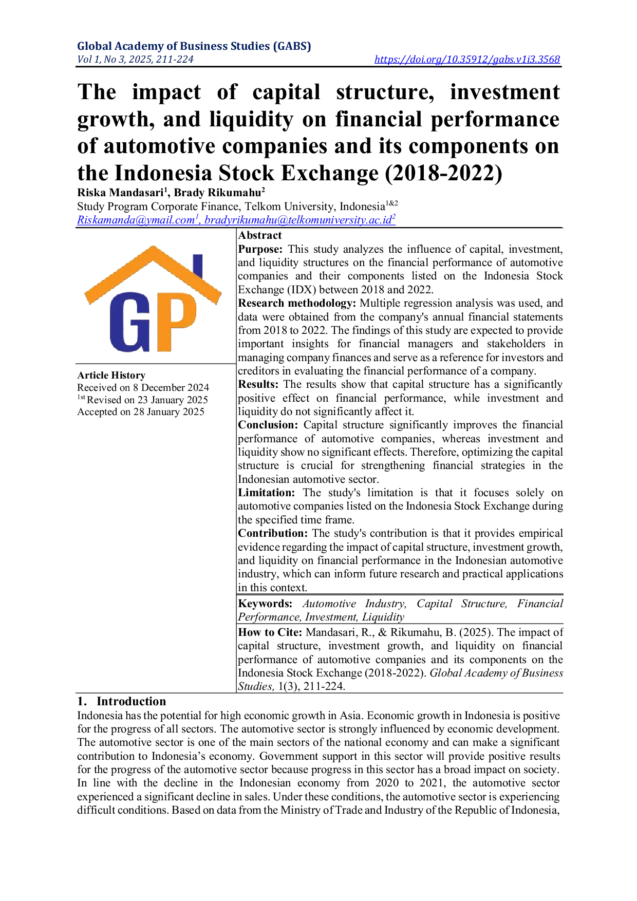 JURIS The impact of capital structure investment growth and liquidity on financial performance of automotive companies and its components on the Indonesia Stock Exchange 2018 2022