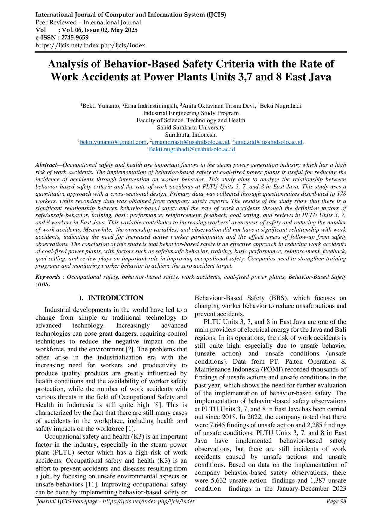 JURIS Analysis of Behavior Based Safety Criteria with the Rate of Work Accidents at Power Plants Units 3 7 and 8 East Java