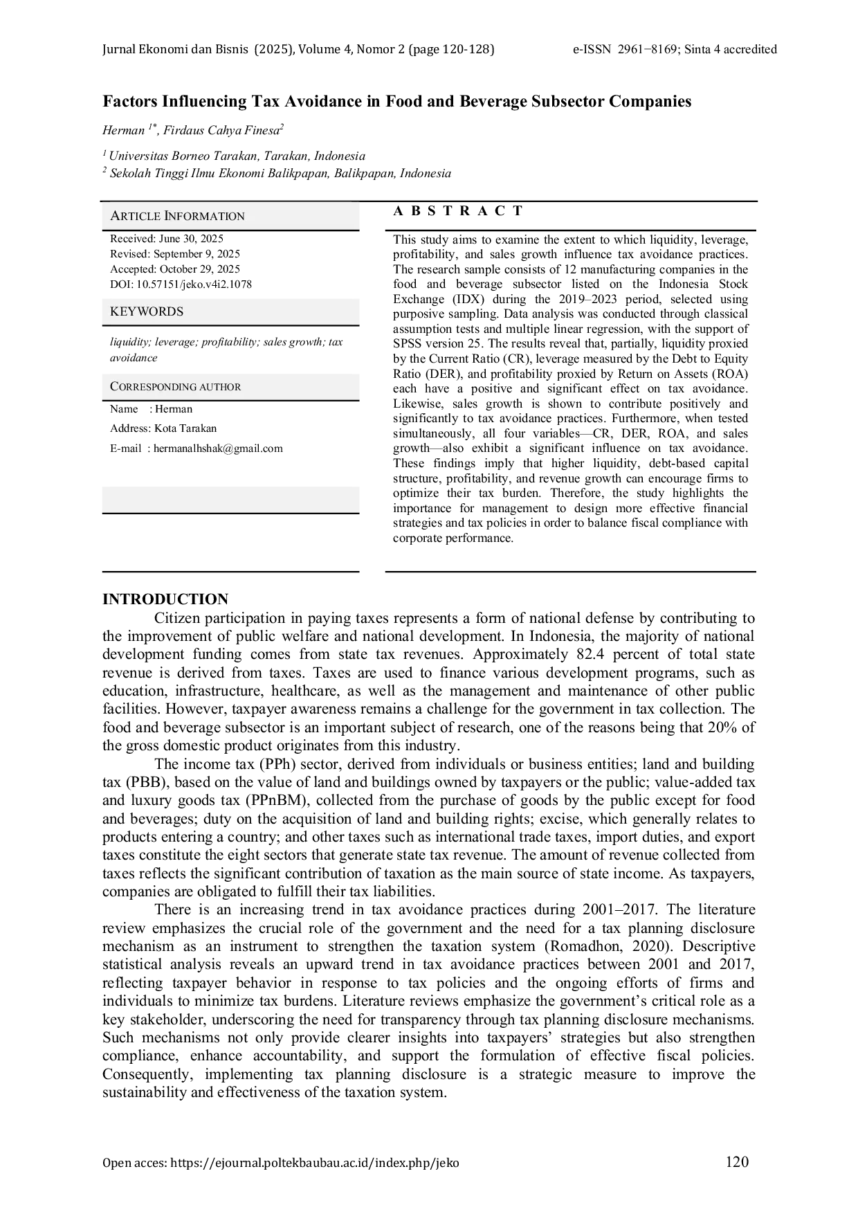 JURIS Factors Influencing Tax Avoidance in Food and Beverage Subsector Companies