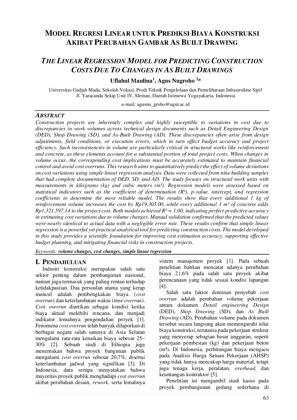 JURIS Model Regresi Linear untuk Prediksi Biaya Konstruksi Akibat Perubahan Gambar As Built Drawing