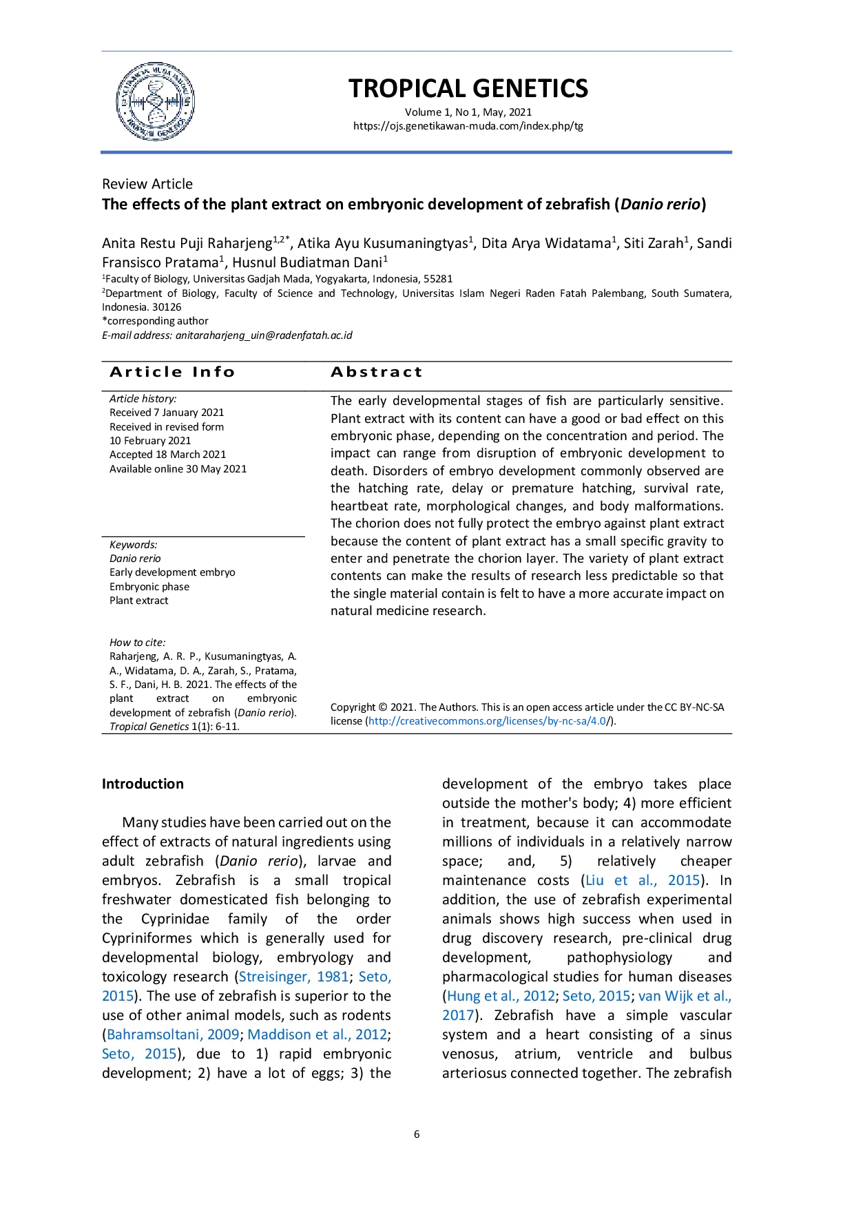 JURIS The effects of the plant extract on embryonic development of zebrafish Danio rerio