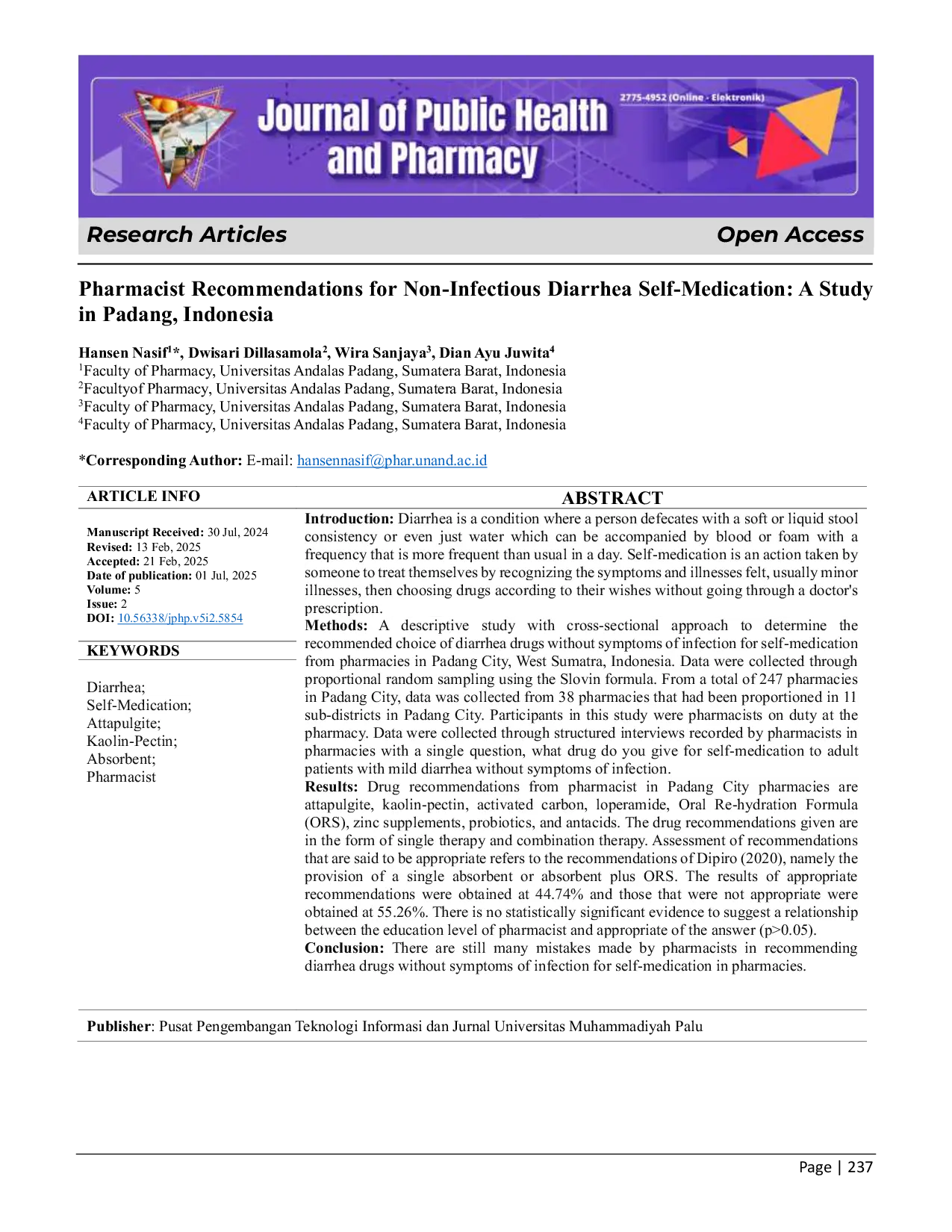 JURIS Pharmacist Recommendations for Non Infectious Diarrhea Self Medication A Study in Padang Indonesia