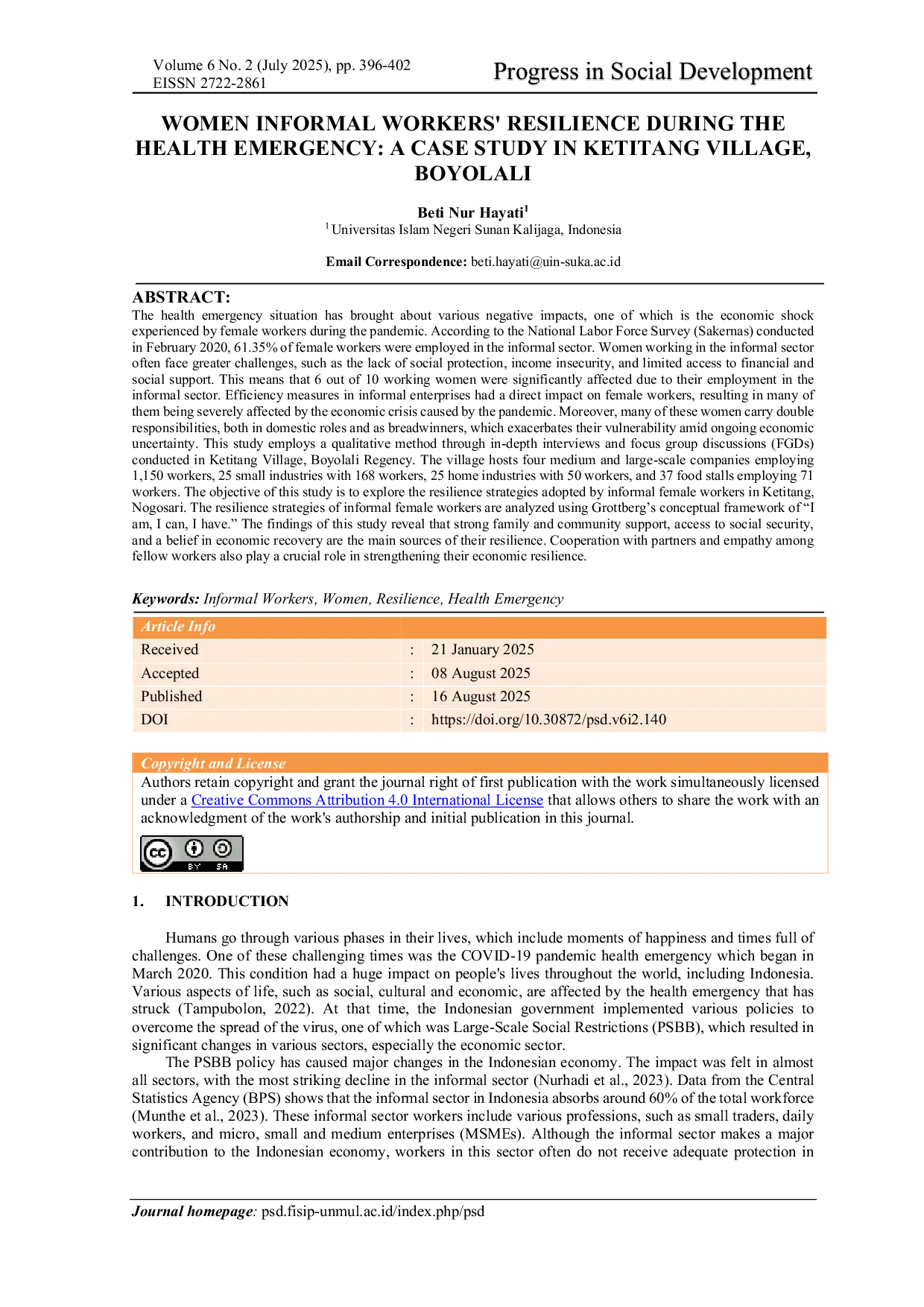 JURIS Women Informal Workers Resilience During the Health Emergency A Case Study in Ketitang Village Boyolali