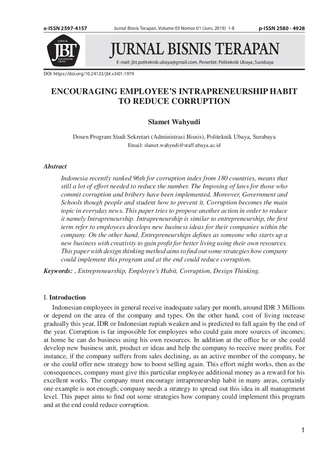 JURIS Encouraging Employee s Intrapreneurship Habit to Reduce Corruption