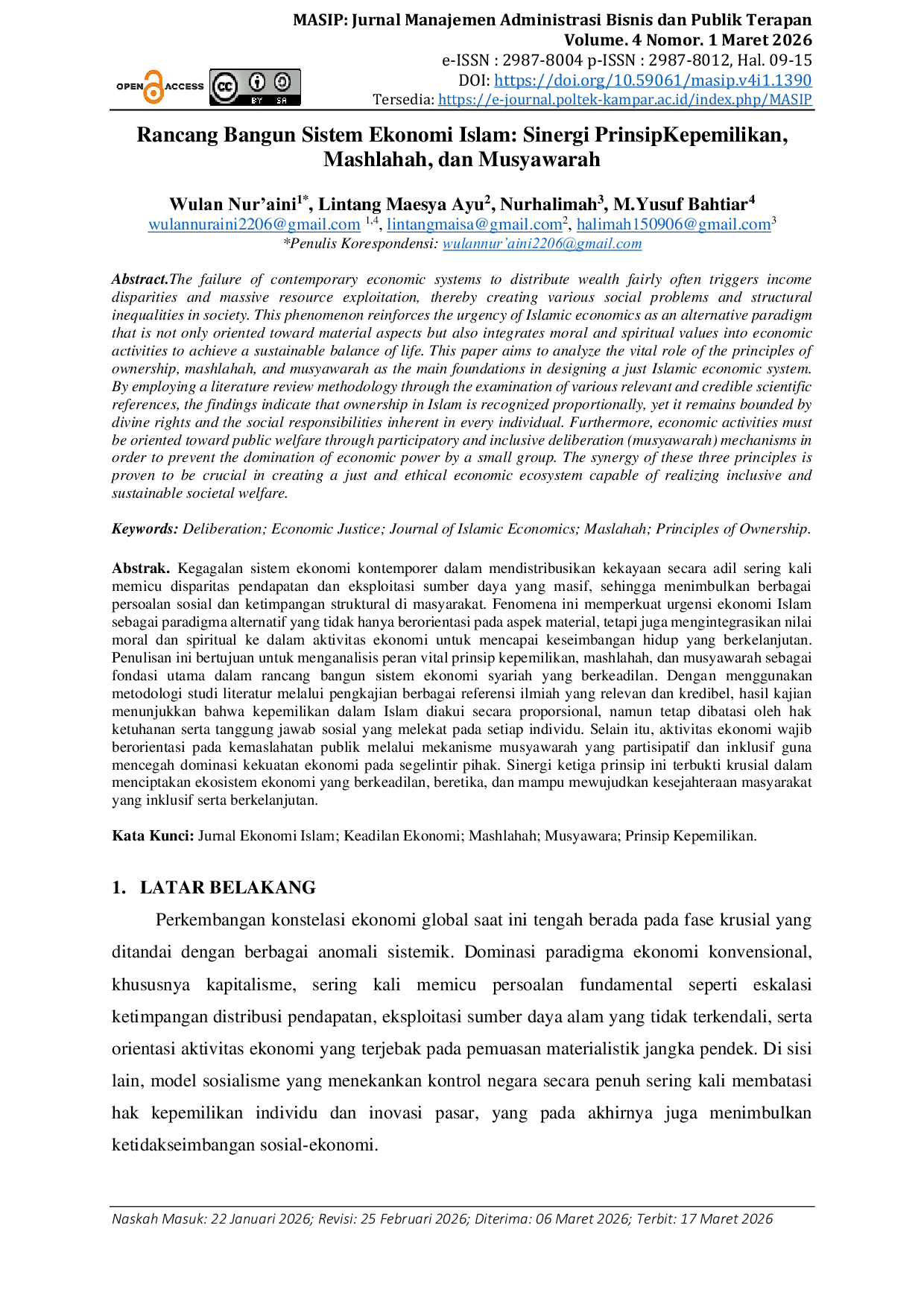 JURIS Rancang Bangun Sistem Ekonomi Islam Sinergi Prinsip Kepemilikan Mashlahah Dan Musyawarah