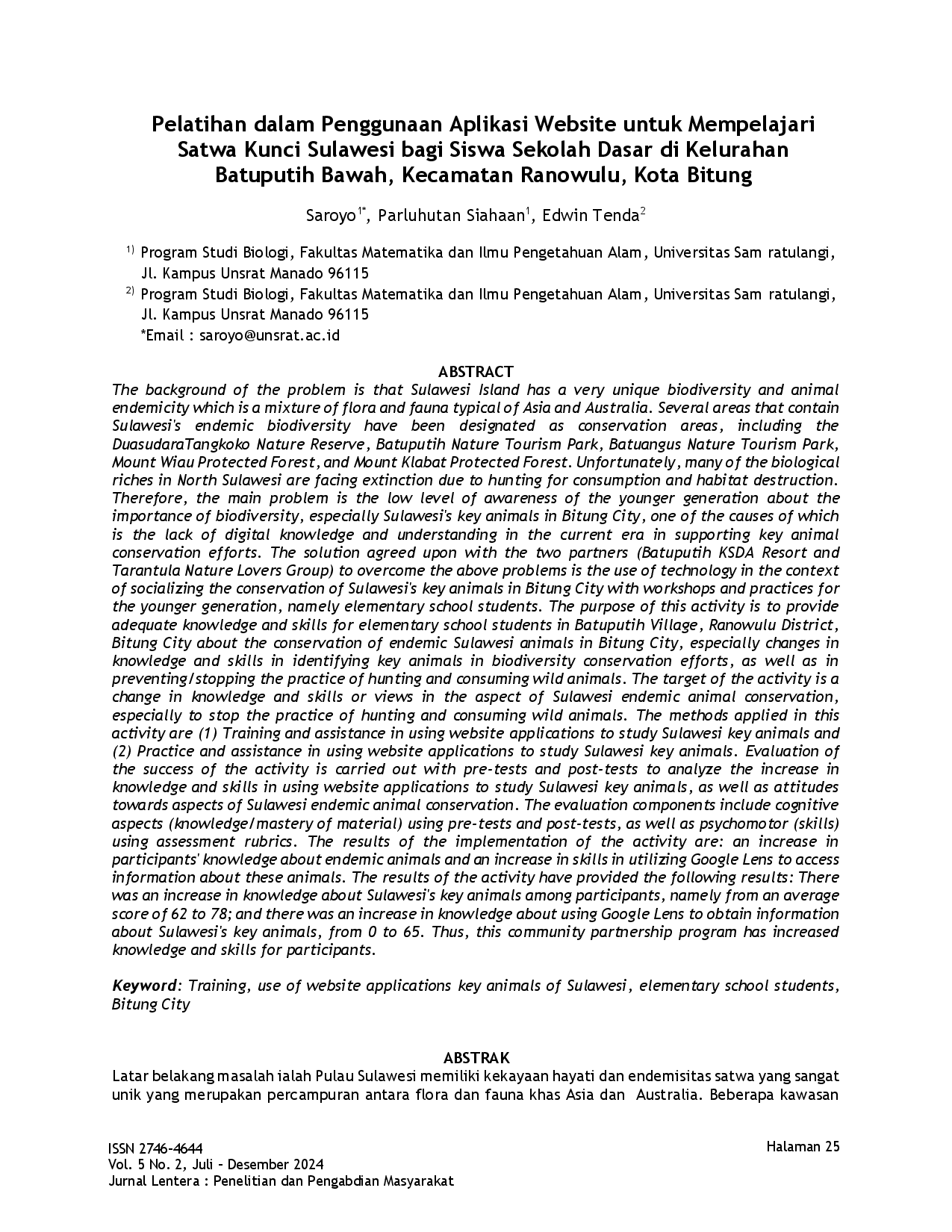 juris Pelatihan dalam Penggunaan Aplikasi Website untuk Mempelajari Satwa Kunci Sulawesi bagi Siswa Sekolah Dasar di Kelurahan Batuputih Bawah Kecamatan Ranowulu Kota Bitung