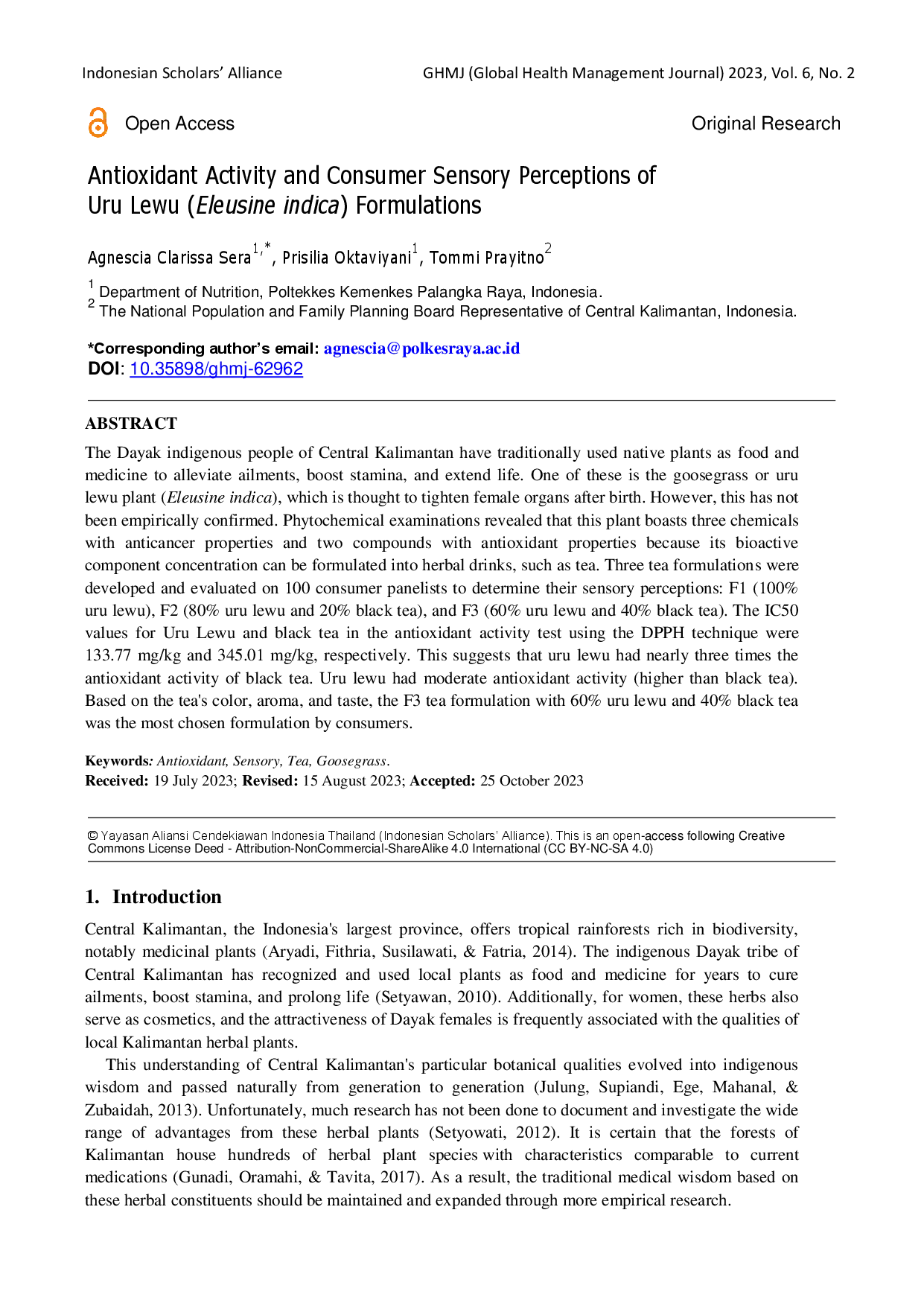 juris Antioxidant Activity and Consumer Sensory Perceptions of Uru Lewu Eleusine indica Formulations