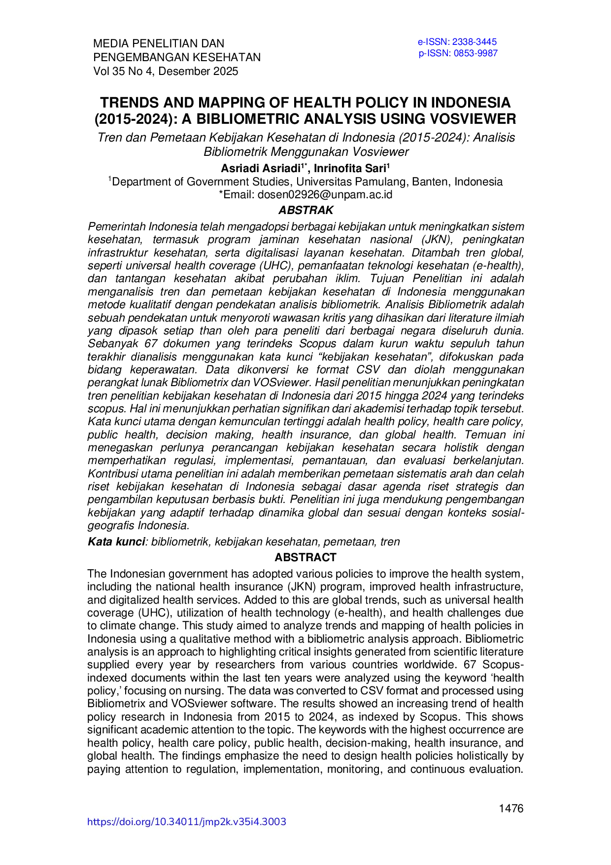 JURIS Tren dan Pemetaan Kebijakan Kesehatan di Indonesia 2015 2024 Analisis Bibliometrik Menggunakan Vosviewer
