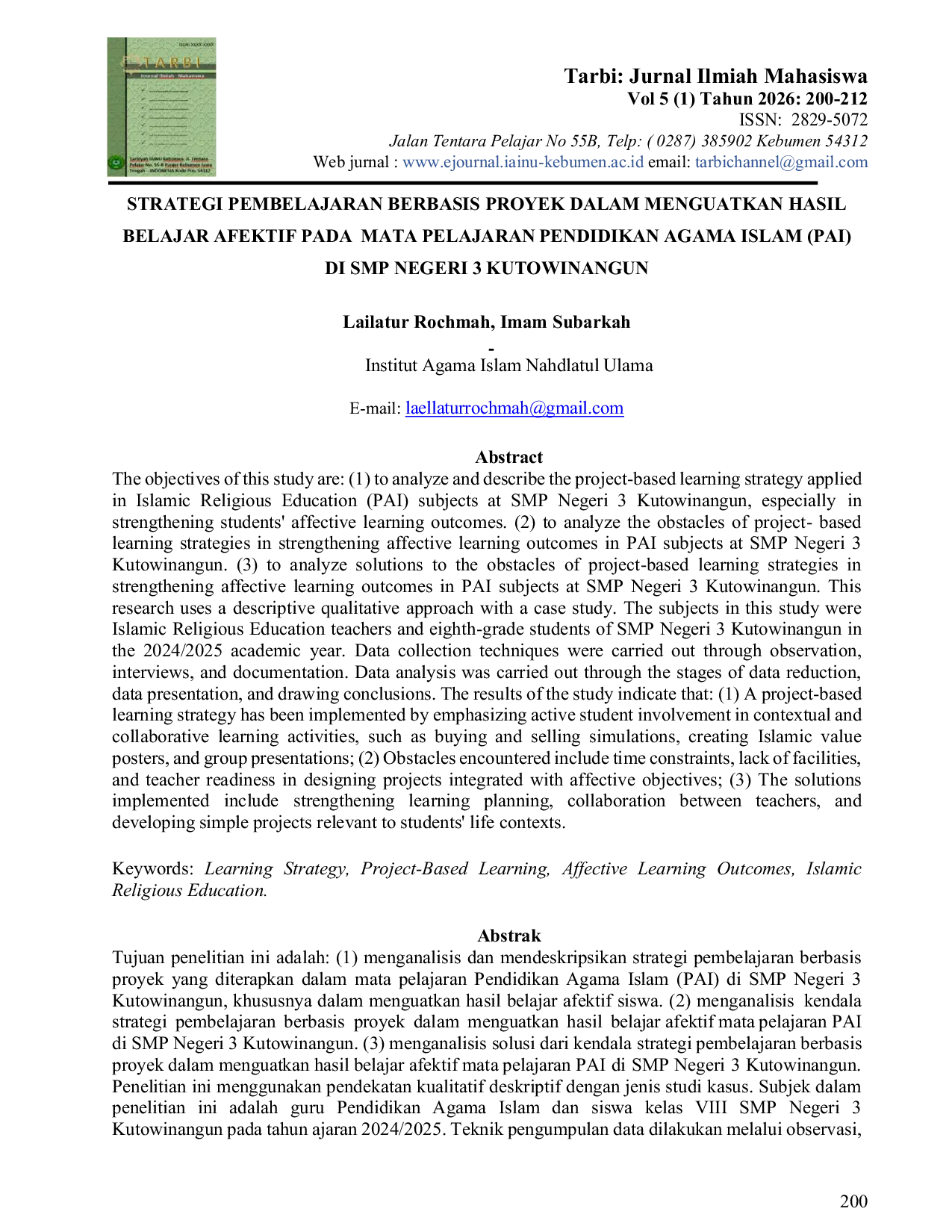 JURIS Strategi Pembelajaran Berbasis Proyek dalam Menguatkan Hasil Belajar Afektif Pada Mata Pelajaran Pendidikan Agama Islam PAI di SMP Negeri 3 Kutowinangun