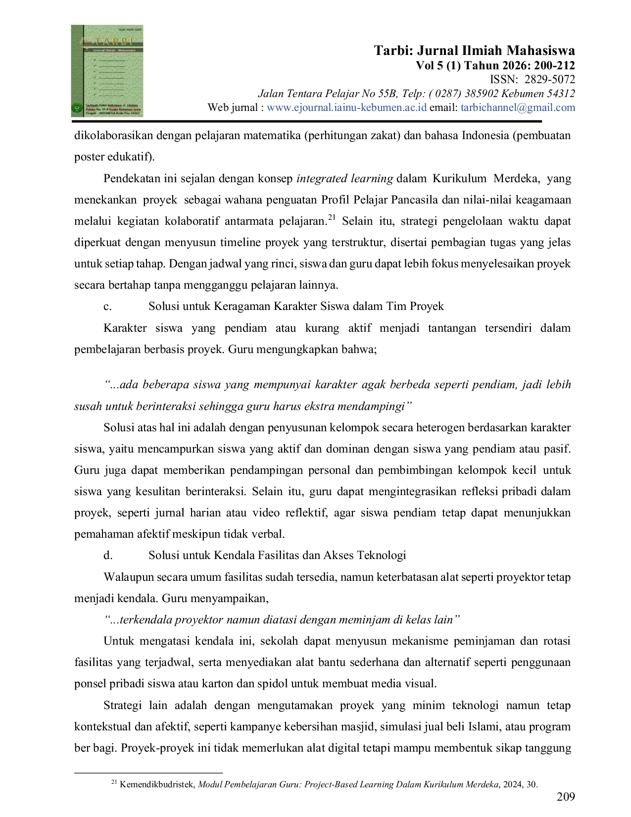 JURIS Strategi Pembelajaran Berbasis Proyek dalam Menguatkan Hasil Belajar Afektif Pada Mata Pelajaran Pendidikan Agama Islam PAI di SMP Negeri 3 Kutowinangun