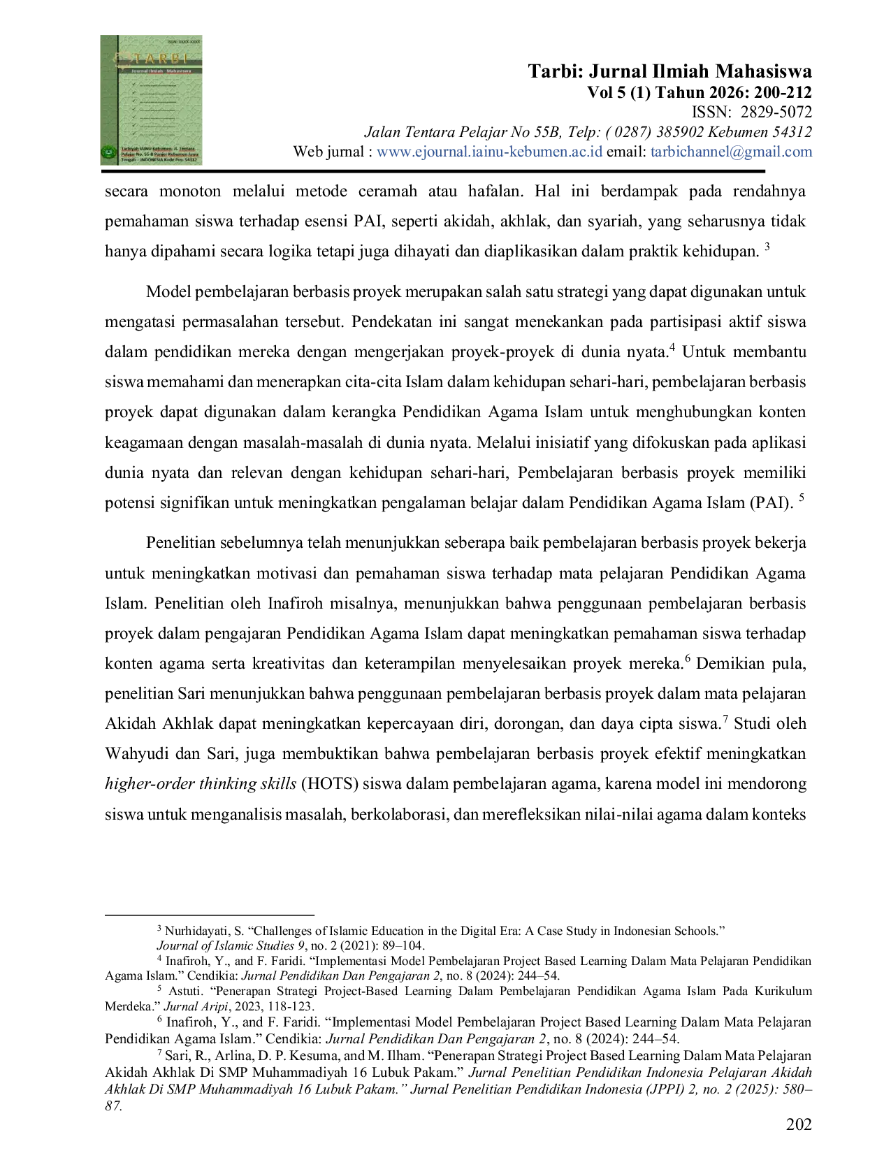 JURIS Strategi Pembelajaran Berbasis Proyek dalam Menguatkan Hasil Belajar Afektif Pada Mata Pelajaran Pendidikan Agama Islam PAI di SMP Negeri 3 Kutowinangun