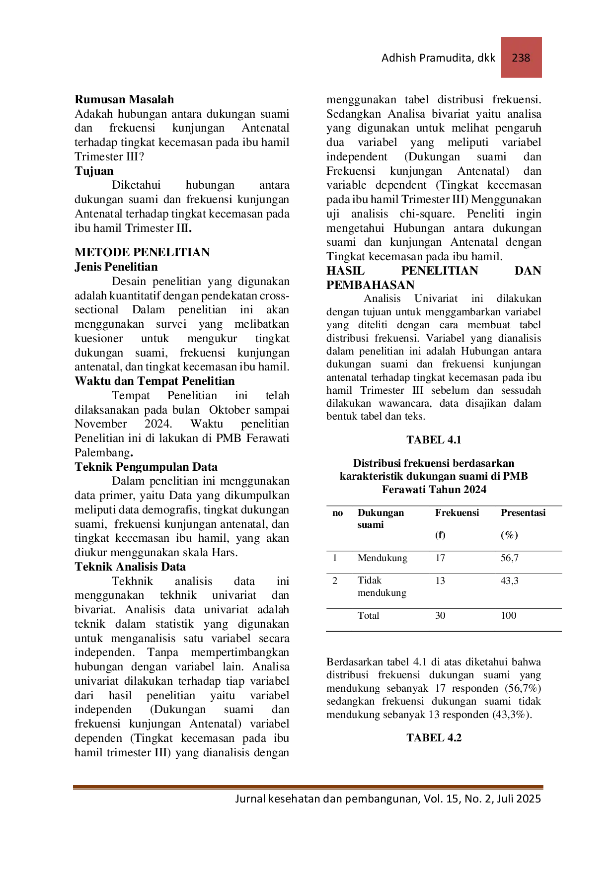 JURIS Hubungan Antara Dukungan Suami dan Frekuensi Kunjungan Antenatal Terhadap Tingkat Kecemasan pada Ibu Hamil Trimester III di PMB Ferawati Tahun 2024