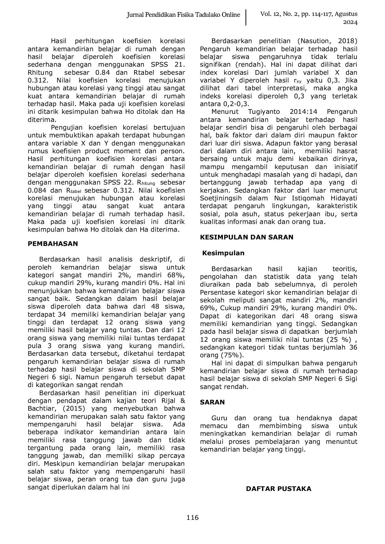 JURIS Pengaruh kemandirian belajar siswa di rumah terhadap hasil belajar siswa di sekolah SMP Negeri 6 Sigi