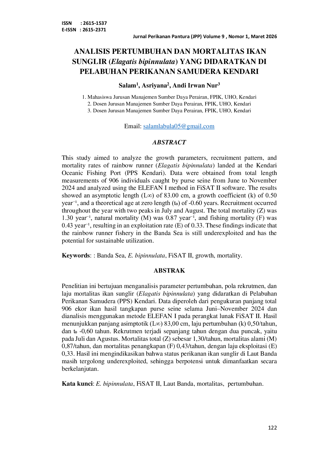 JURIS Analisis Pertumbuhan dan Mortalitas Ikan Sunglir Elagatis bipinnulata yang Didaratkan di Pelabuhan Perikanan Samudera Kendari Studi Biologi Perikanan di Perairan Laut Banda Sulawesi Tenggara